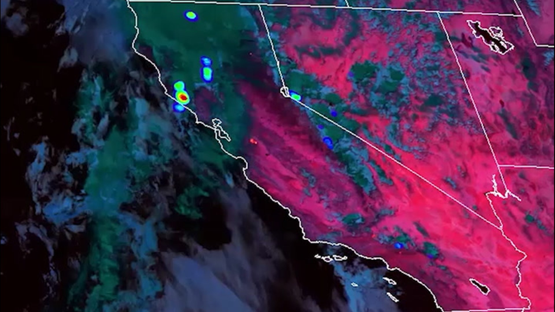 A satellite animation from Aug. 15 to Aug. 19 shows lightning (red/green/blue) and subsequently wildfires in California (orange spots).