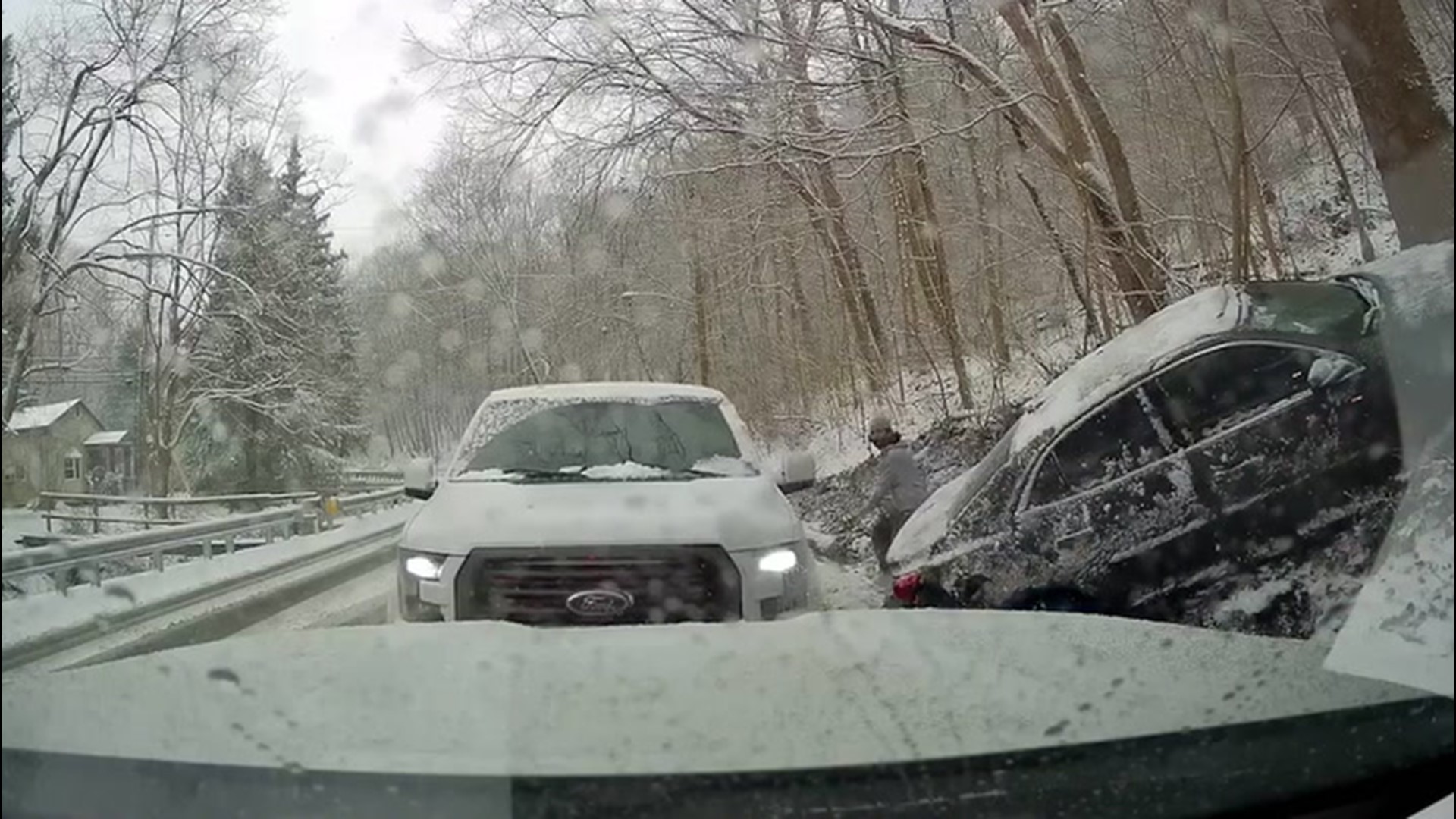 Emergency crews were at the scene of an accident when another car lost control and slammed into one of the vehicles in Collier Township, Pennsylvania, on Dec. 16.