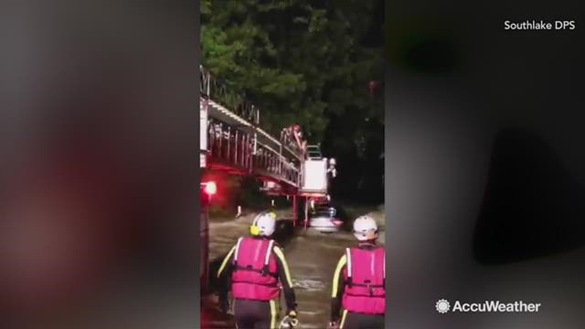 A father and two teenage daughters were trapped in their car from flooded road that turned into a raging river on Sept. 22 in Southlake, Texas.  Firefighters were able to rescue them by breaking the back window and transporting them with a ladder.
