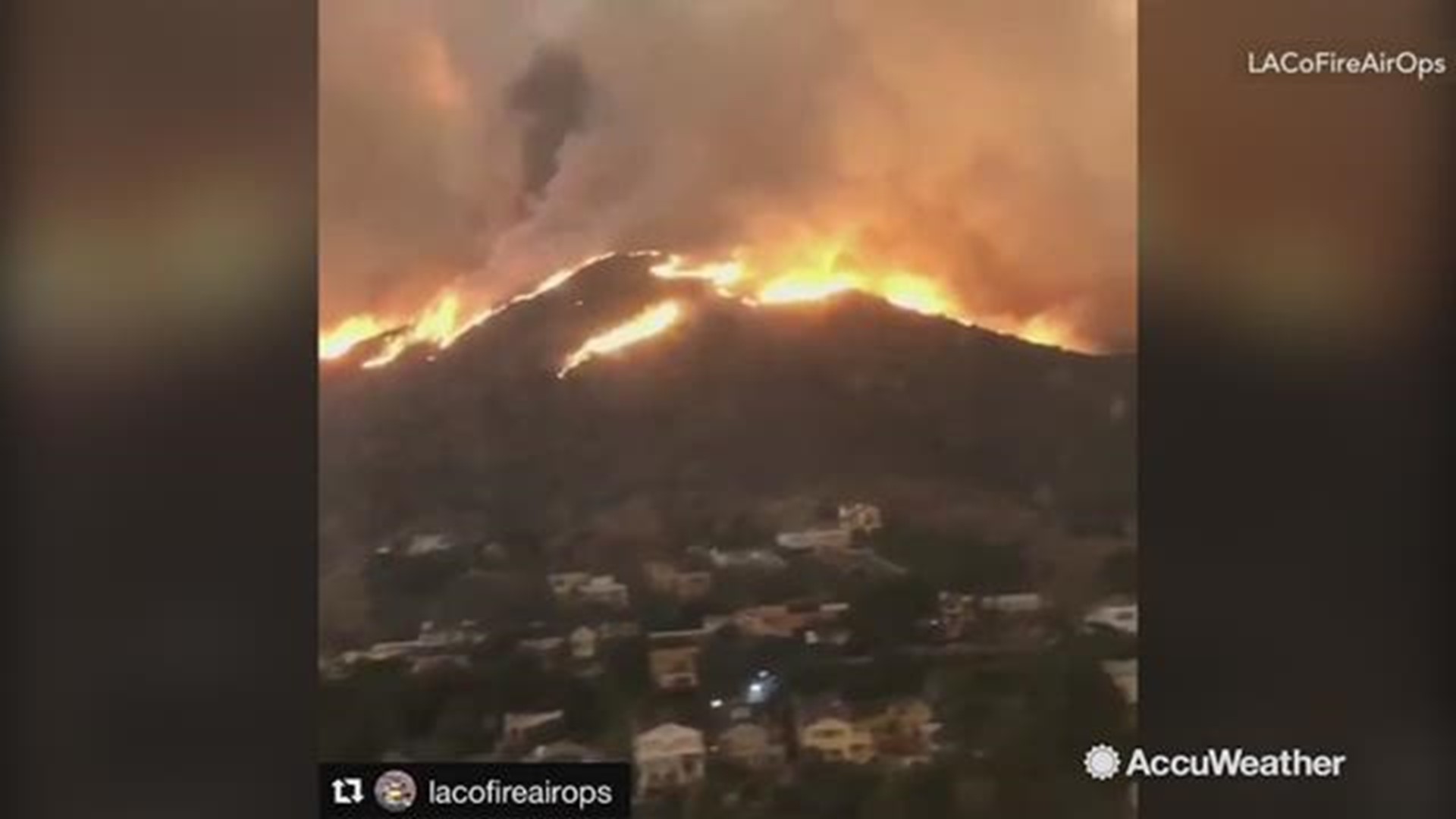 This video captured by the Los Angeles County Fire Department Air Operations Section shows the hills near Malibu, California engulfed in flames from the Woolsey Fire. Residents of Malibu were evacuated as the fire moves closer to the town and shore.