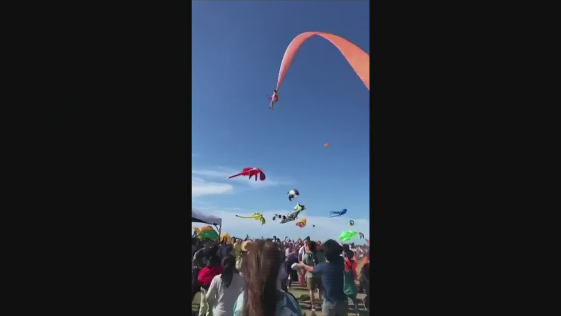 A 3-year old girl survived being swept ten meters up into the air after becoming entangled with the strings of a large kite during a festival in Taiwan.