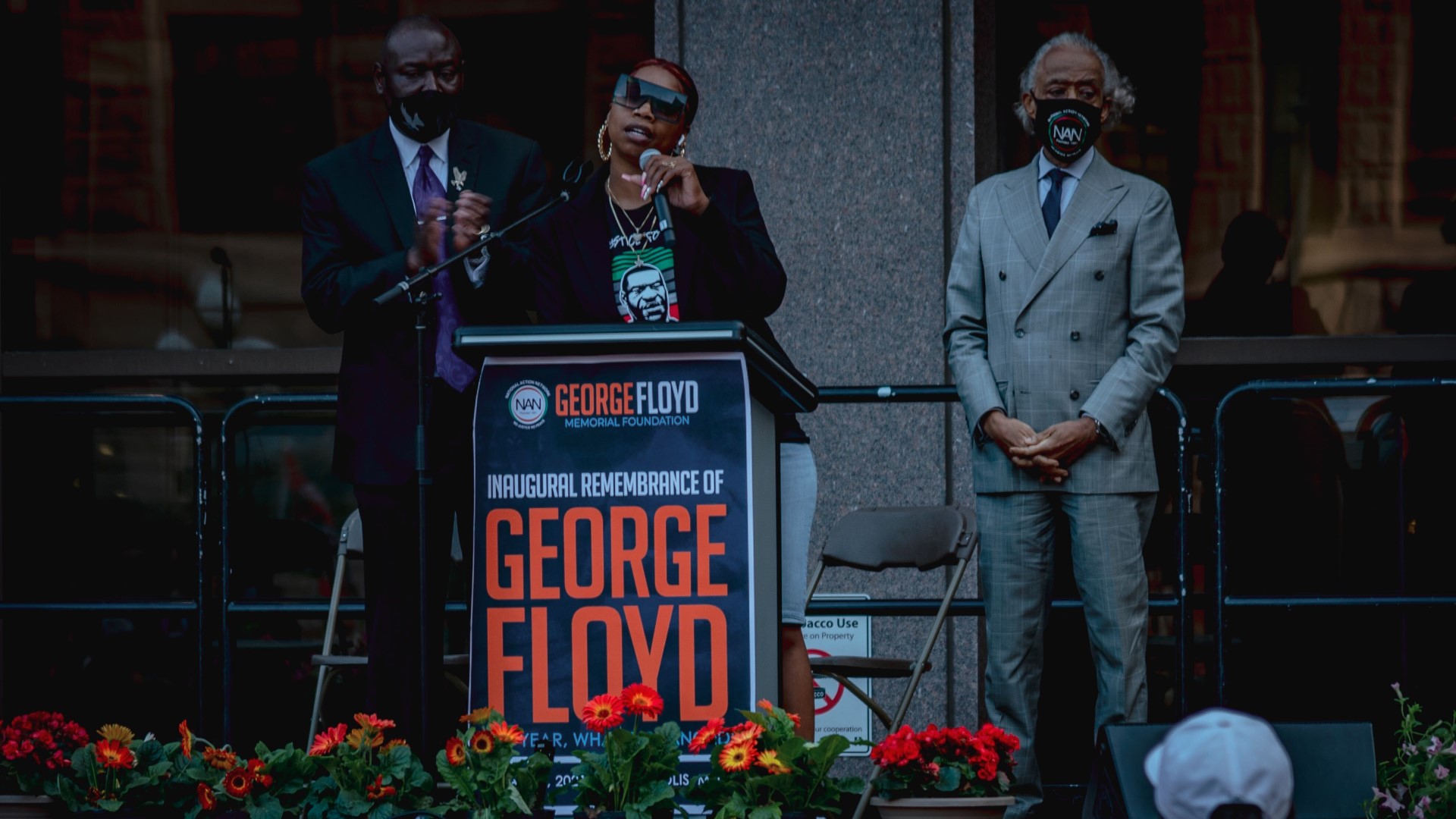 George Floyd's family was joined at the memorial rally by attorney Ben Crump and prominent civil rights leader Rev. Al Sharpton.