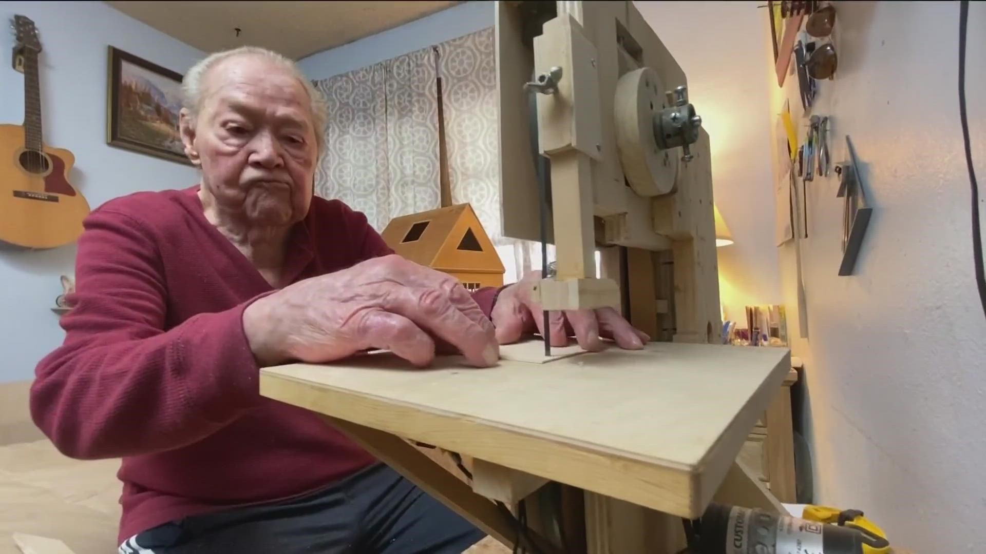 James Bass created his own wood crafting playground in his 9 x 10 assisted living room.