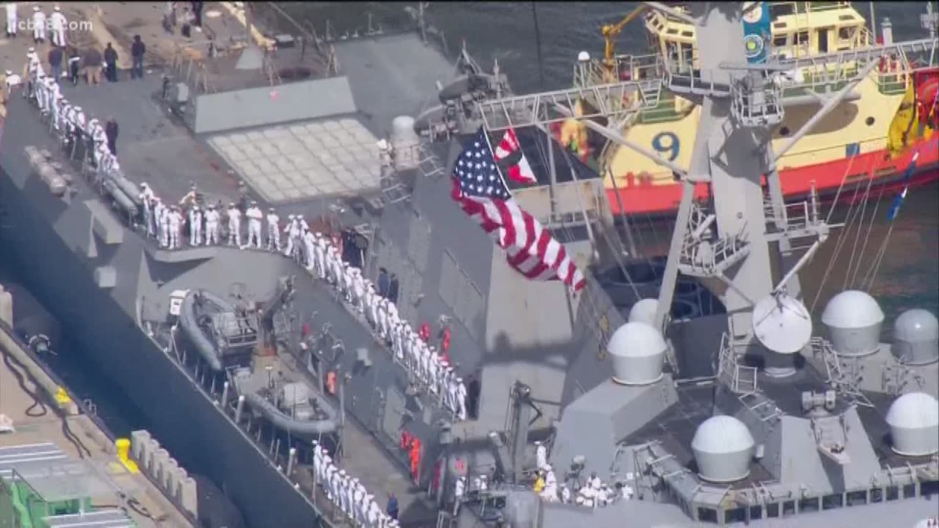 Both ships return to their homeport of San Diego following a deployment to the U.S. 7th Fleet and 5th Fleet areas of operations as part of the John C. Stennis Carrier Strike Group Monday.