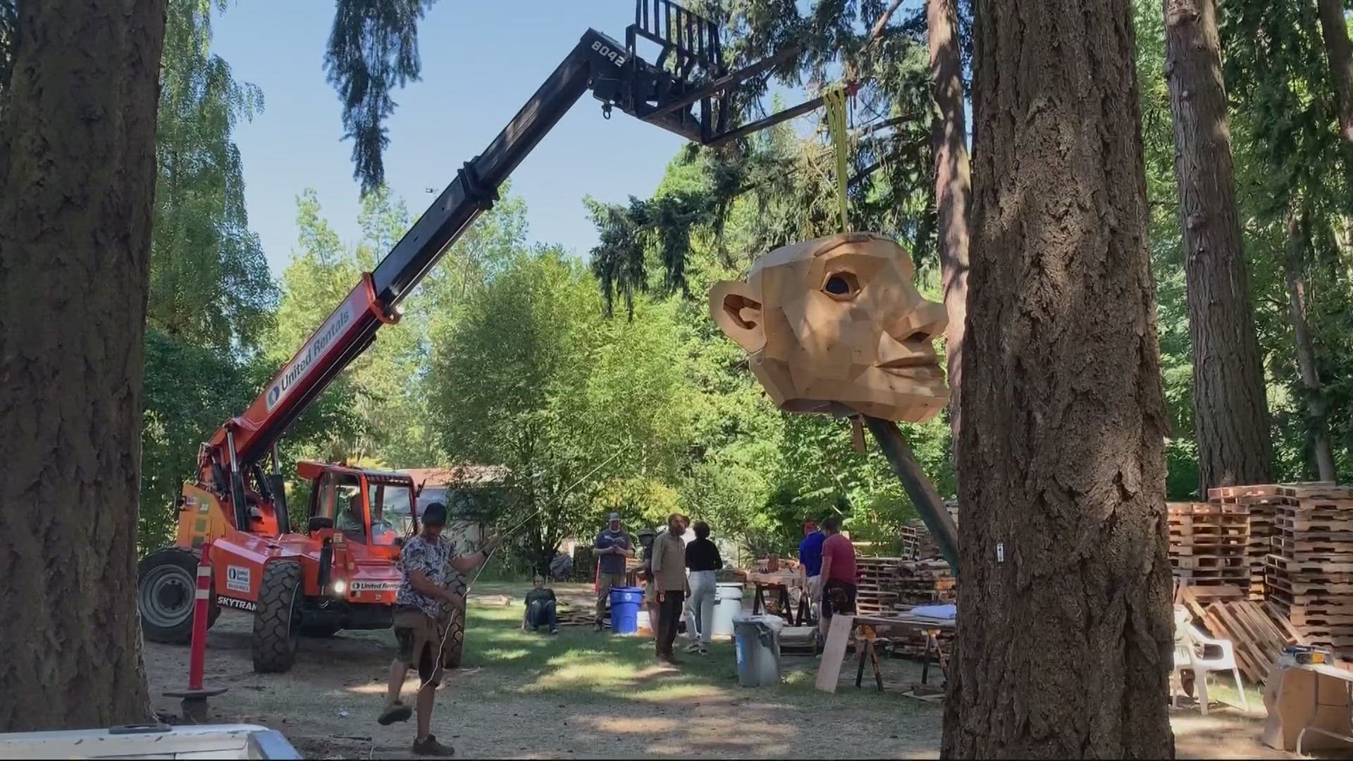 The troll sculpture is made up of recycled materials and tells a story. It's part of the Northwest Trolls Way of The Bird King exhibition.