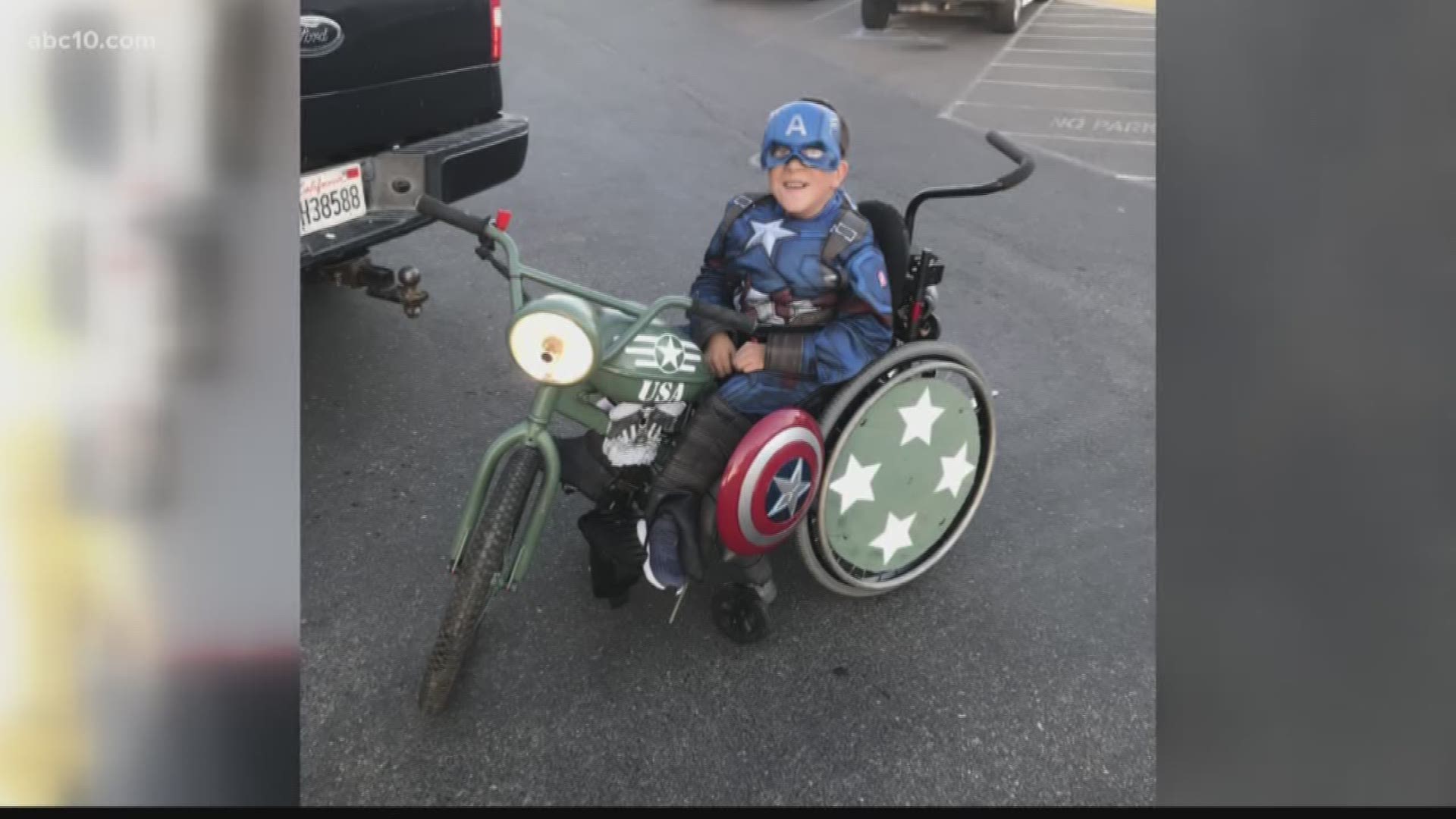 Nine-year-old Tommy Loredo junior was born with a muscle condition that stiffens his joints making it hard to walk but his father is on a mission to make trick or treating a fun experience. (Oct. 30, 2017)