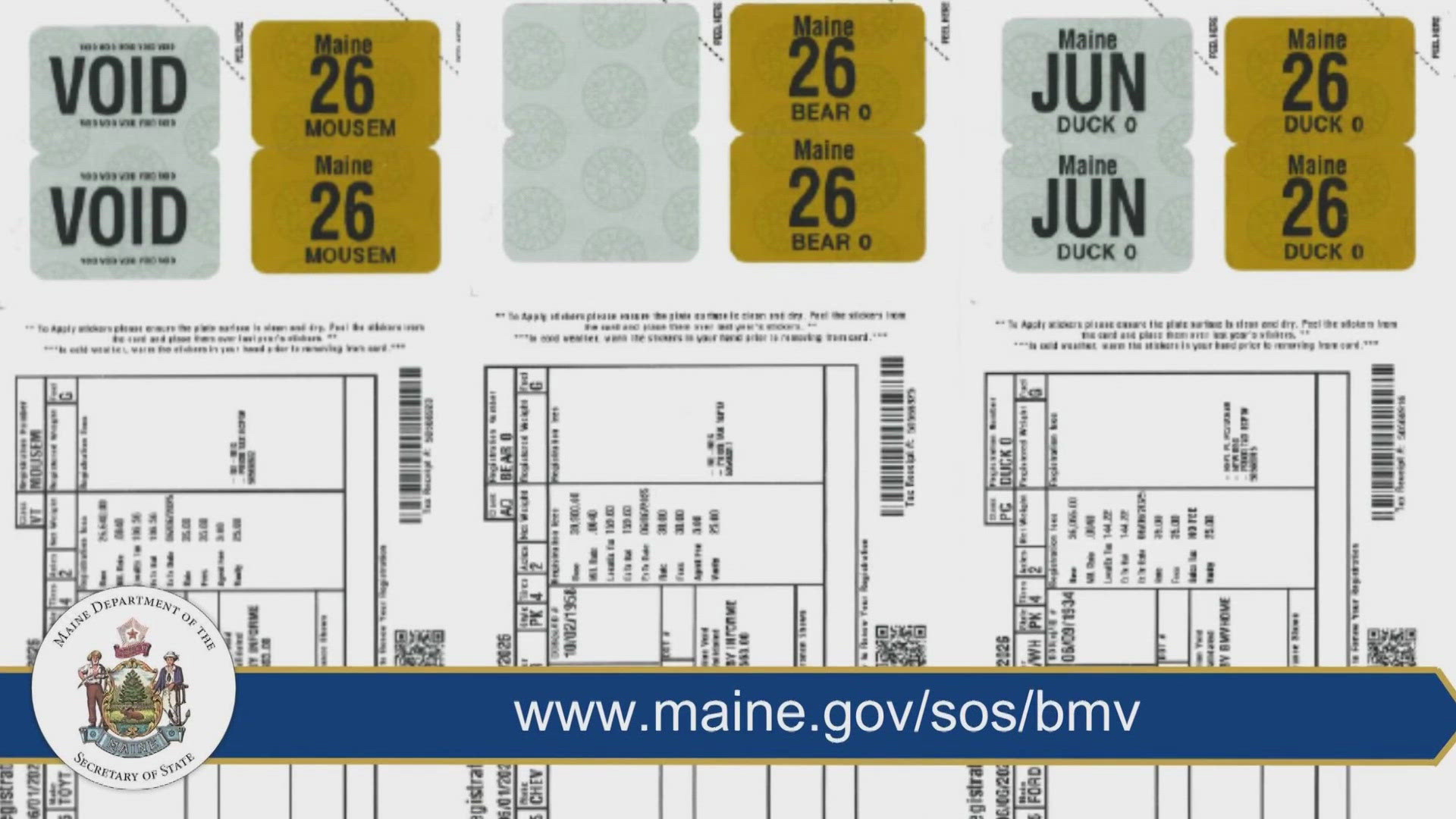 Maine drivers renewing online will now receive white registration slips and two sets of decals.