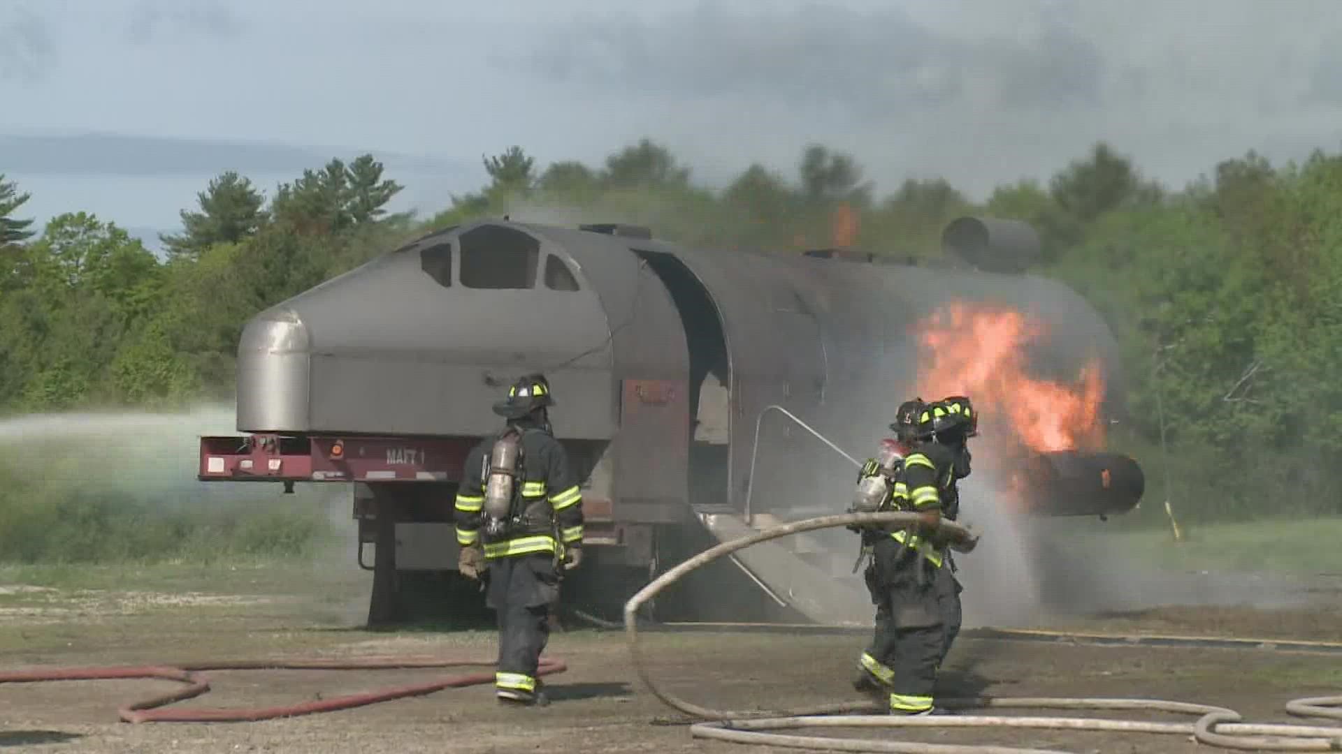 This morning, fire departments participated in airport fire safety training at the Portland International Jetport.