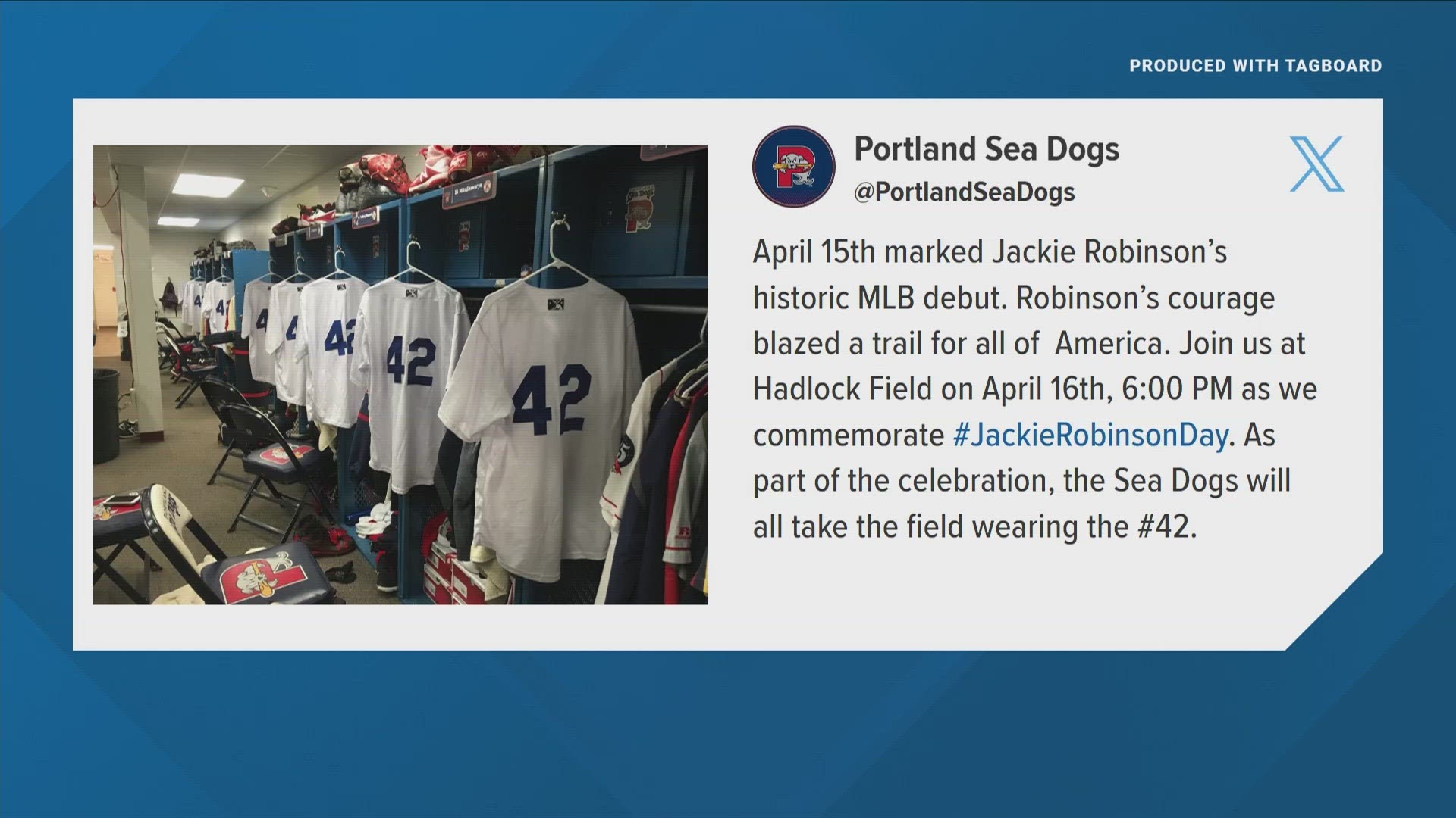 April 15 marks the first time Robinson took the field as an MLB player. Sea Dogs players will wear his number, 42, on the back of their jerseys during Tuesday's game