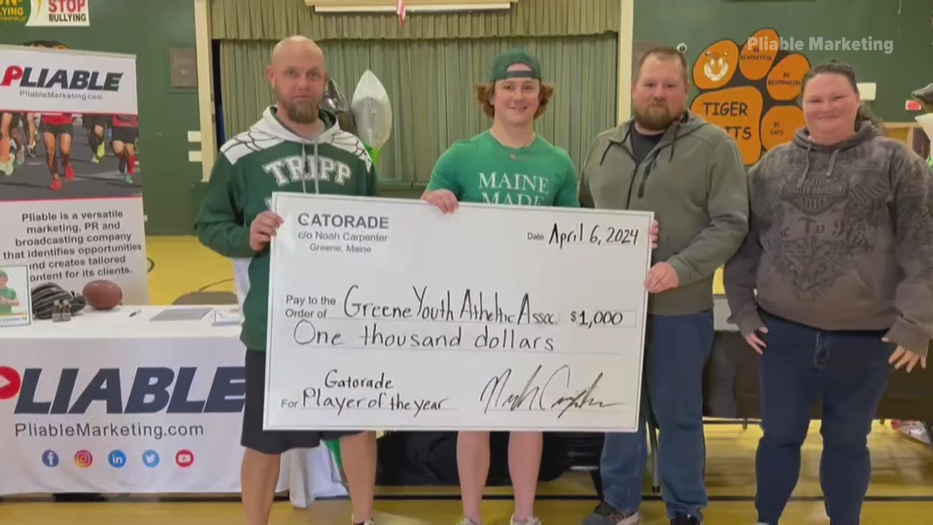 Noah Carpenter hosted a youth sports day event at Tripp Middle School in Turner. Besides encouraging young athletes about sports, he donated $1,000.