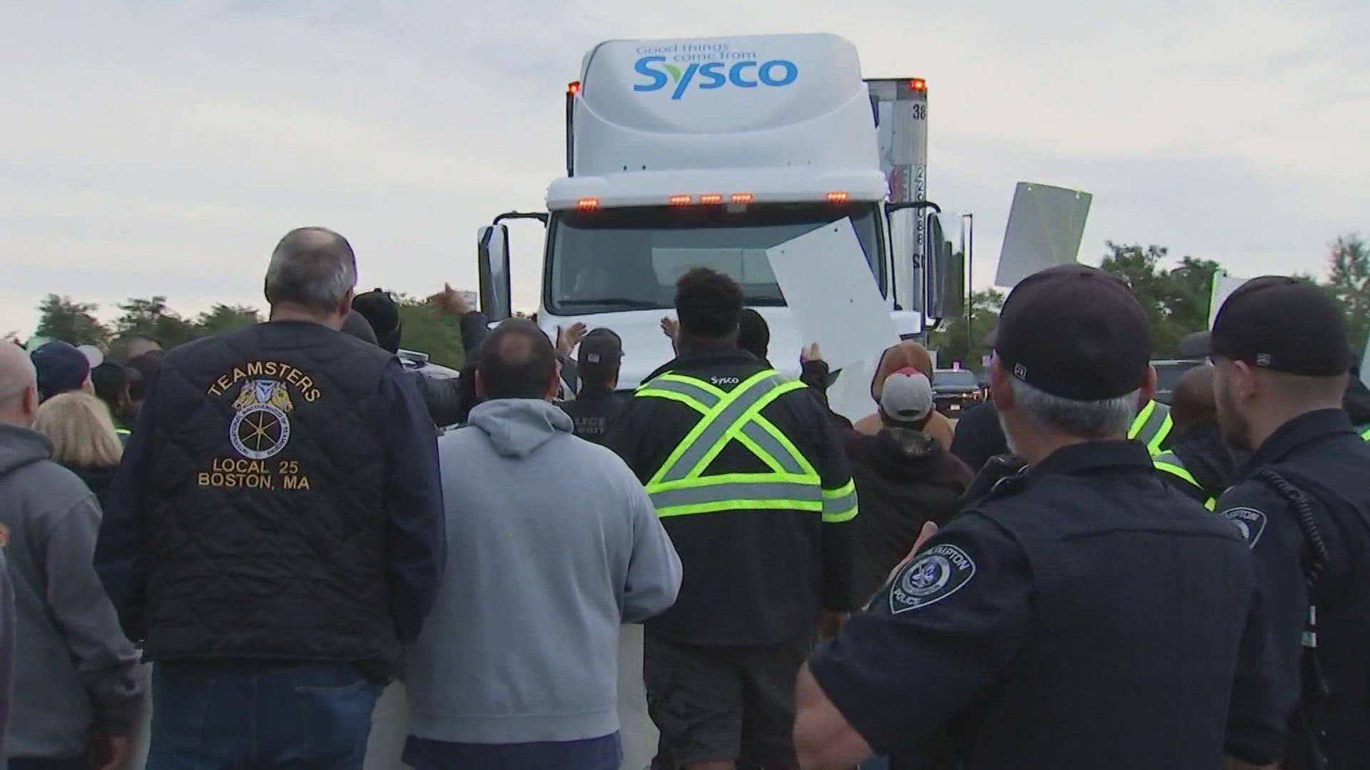 More than 300 truck drivers took to the picket line at Sysco Boston early Saturday seeking better pay and benefits.
