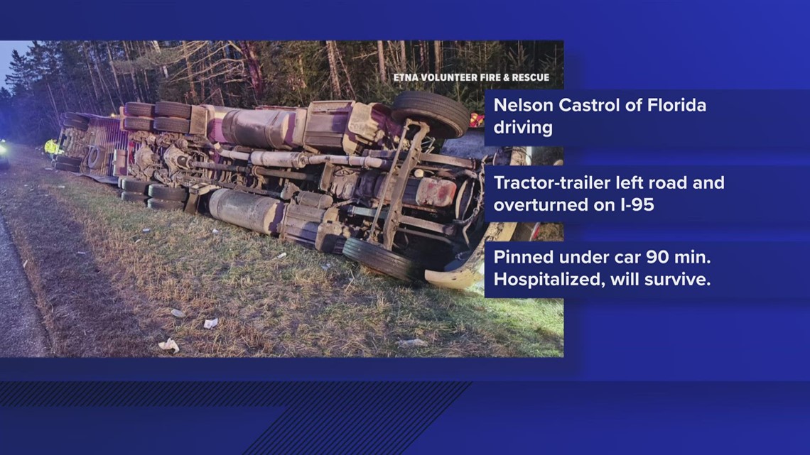 Driver injured after tractortrailer overturns on I95 in Etna