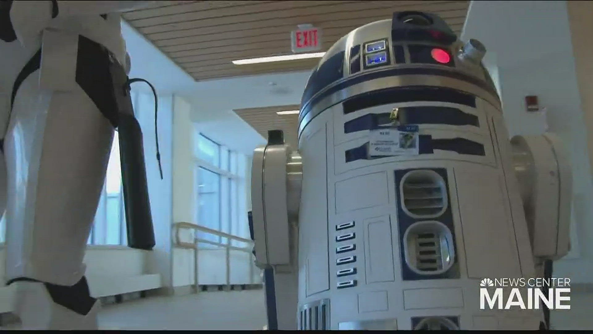 Young patients in the pediatric unit at Eastern Maine Medical Center got a visit from a Star Wars storm trooper and R2-D2.