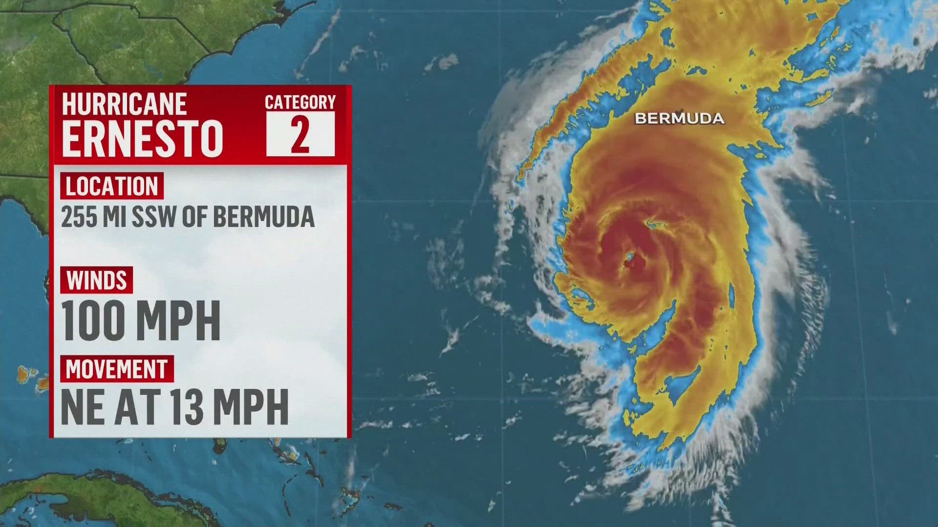 Hurricane Ernesto has strengthened to a Category 2 storm as it continues heading north.