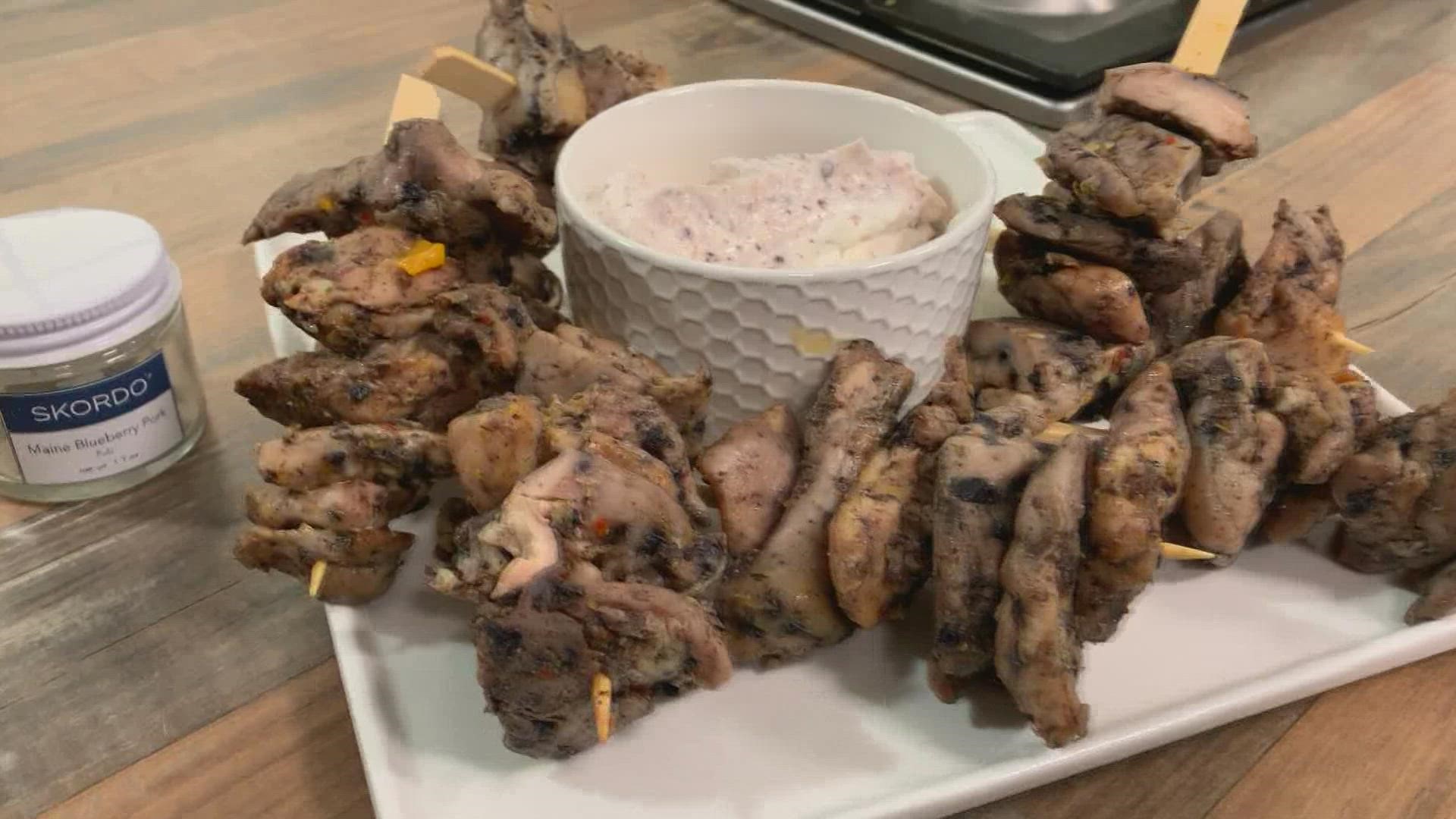 Chef Arianna Stefanilo is in the 207 Kitchen at O'Maine Studios making blueberry chicken skewers with a yogurt dip.