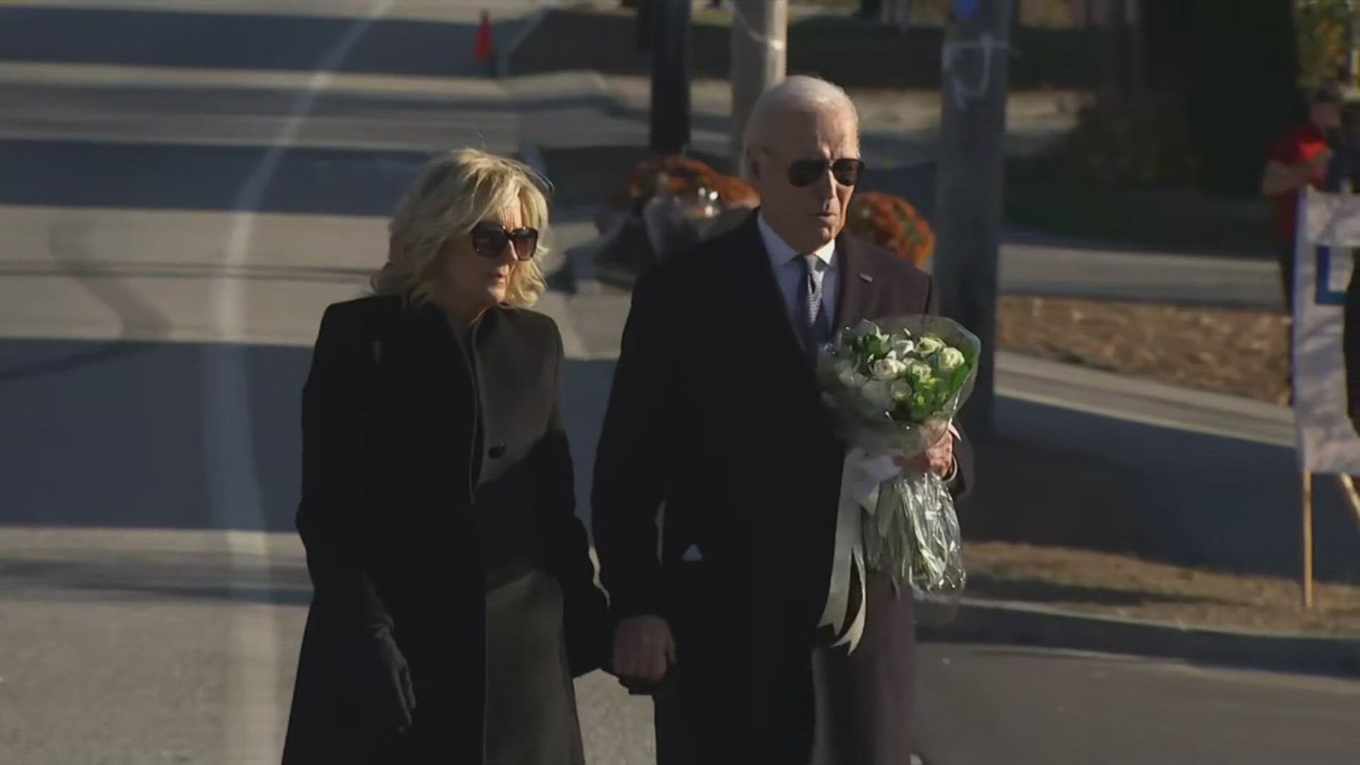 President Joe Biden and First Lady Jill Biden visited Lewiston on Friday to pay respects to the 18 people killed in a mass shooting last week.
