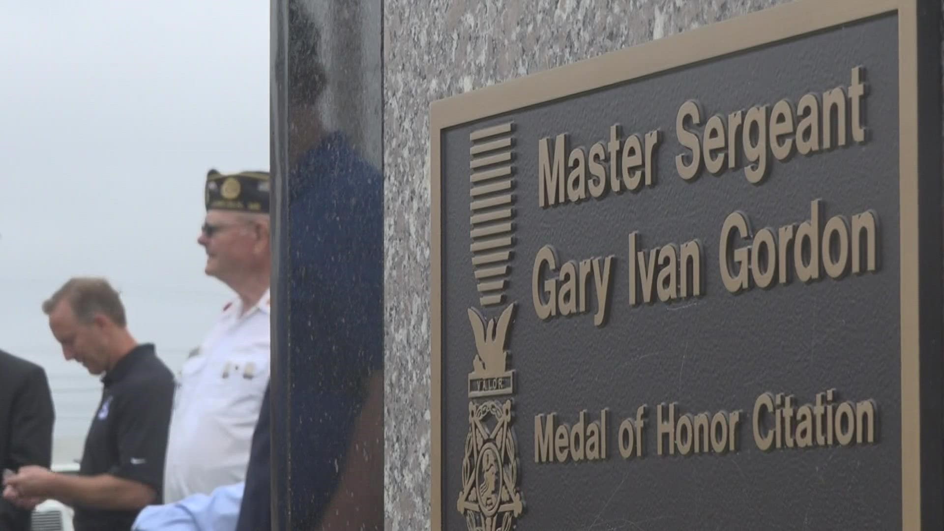 The statue of Master Sergeant Gary Gordon was unveiled today at the Lincoln Veterans Memorial in front of a crowd of family and community members.