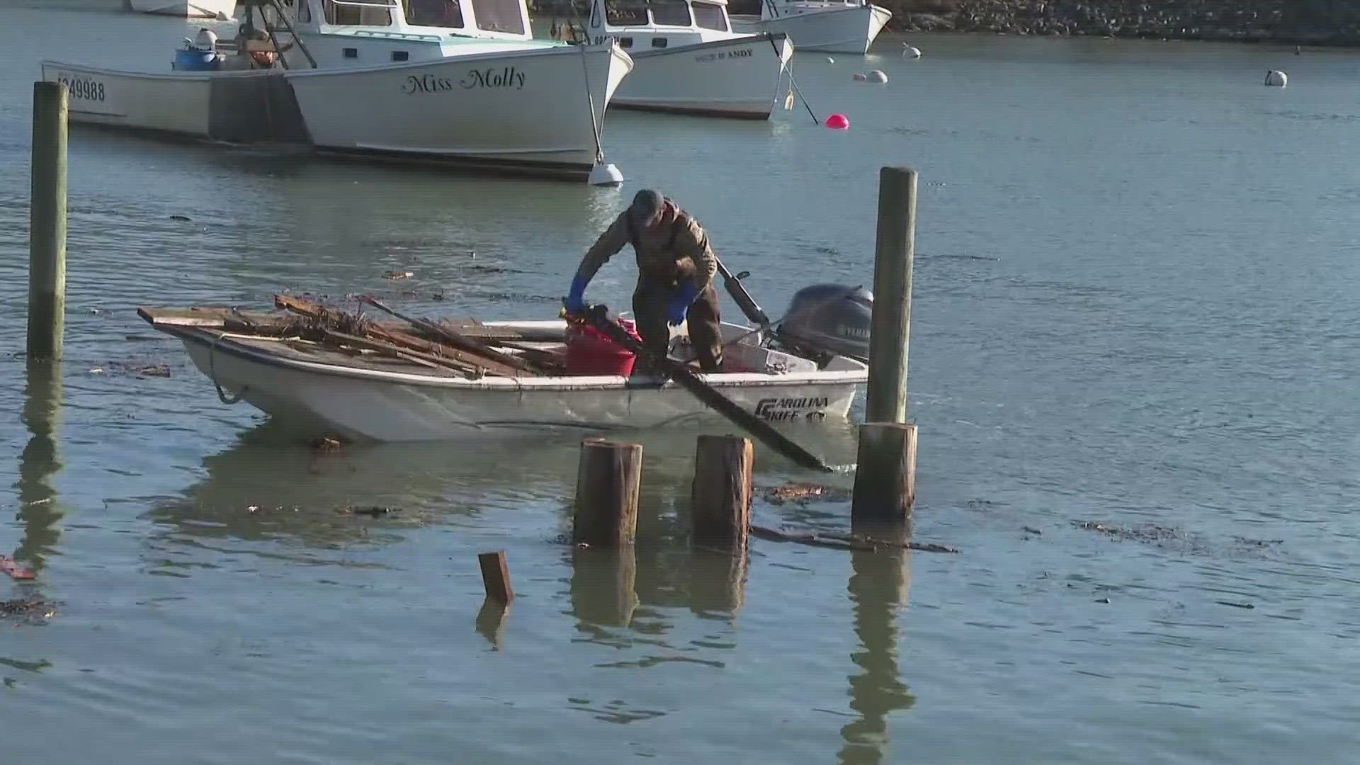 Governor Janet Mills surveyed damages to New Harbor in Bristol on Friday after a storm devastated communities, urging people to stay safe as a new storm approaches.