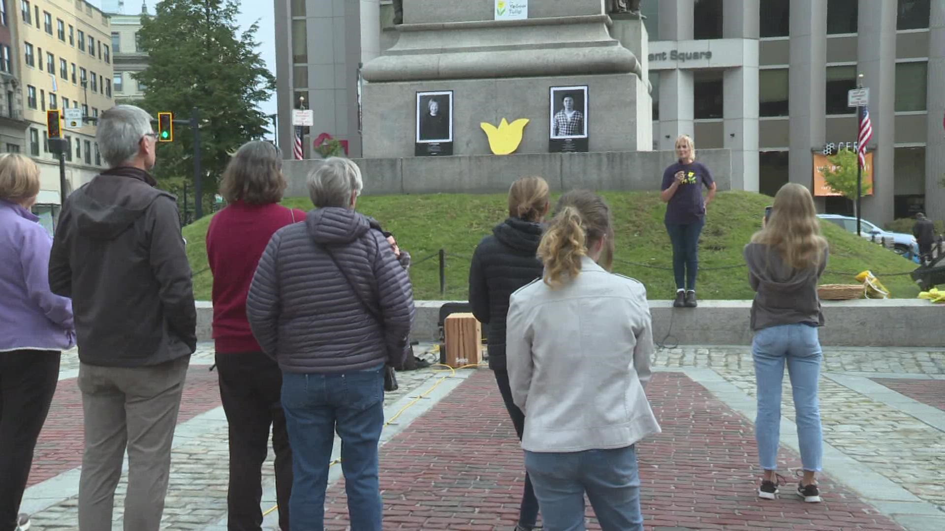 Dozens came to Monument Square in Portland Sunday as the youth-led non-profit ,the Yellow Tulip Project, worked to break the stigma surrounding mental health