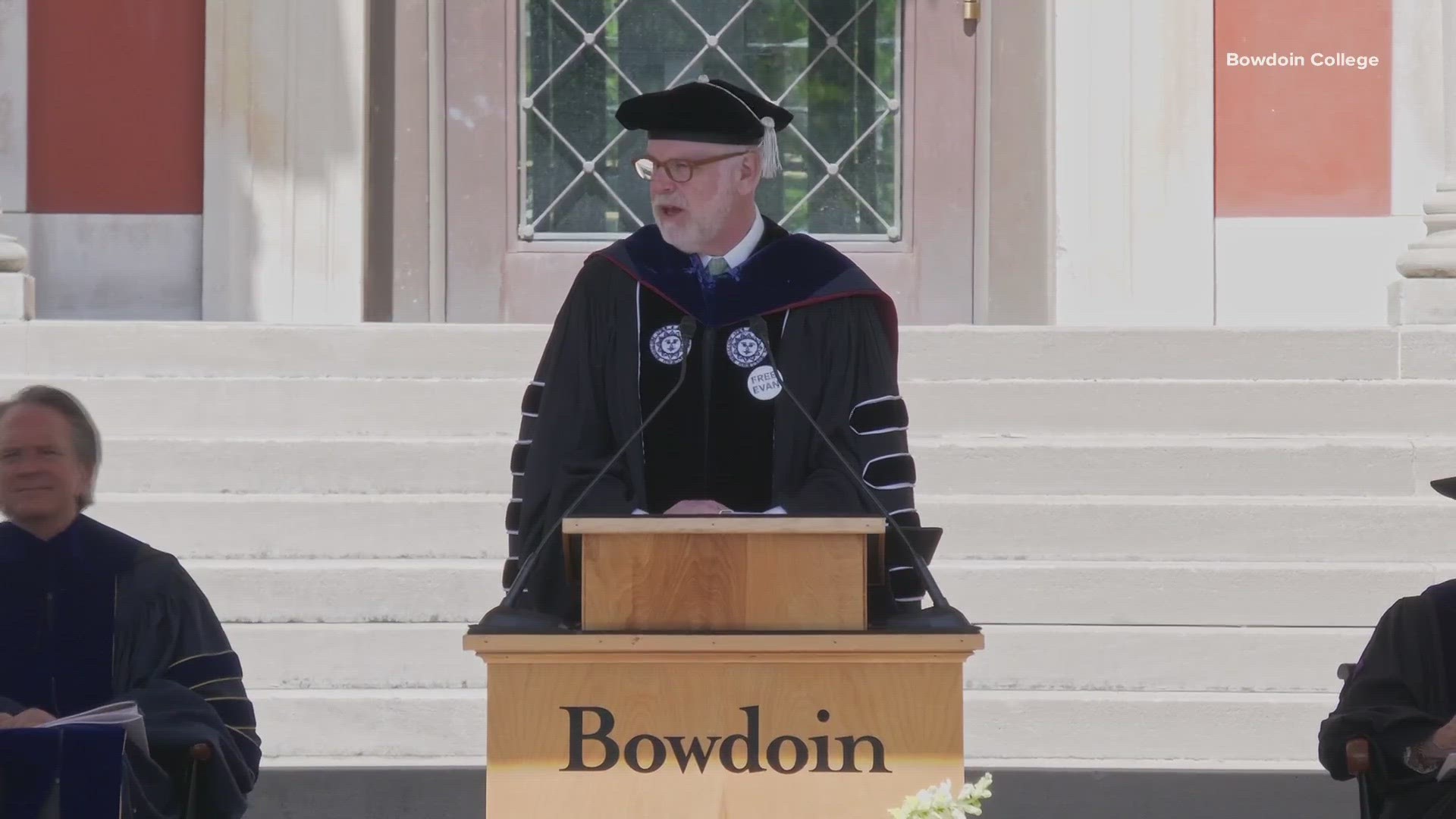 Bowdoin College President Clayton Rose honored former graduates Evan Gershkovich and Justin Pearson at Saturday's commencement.