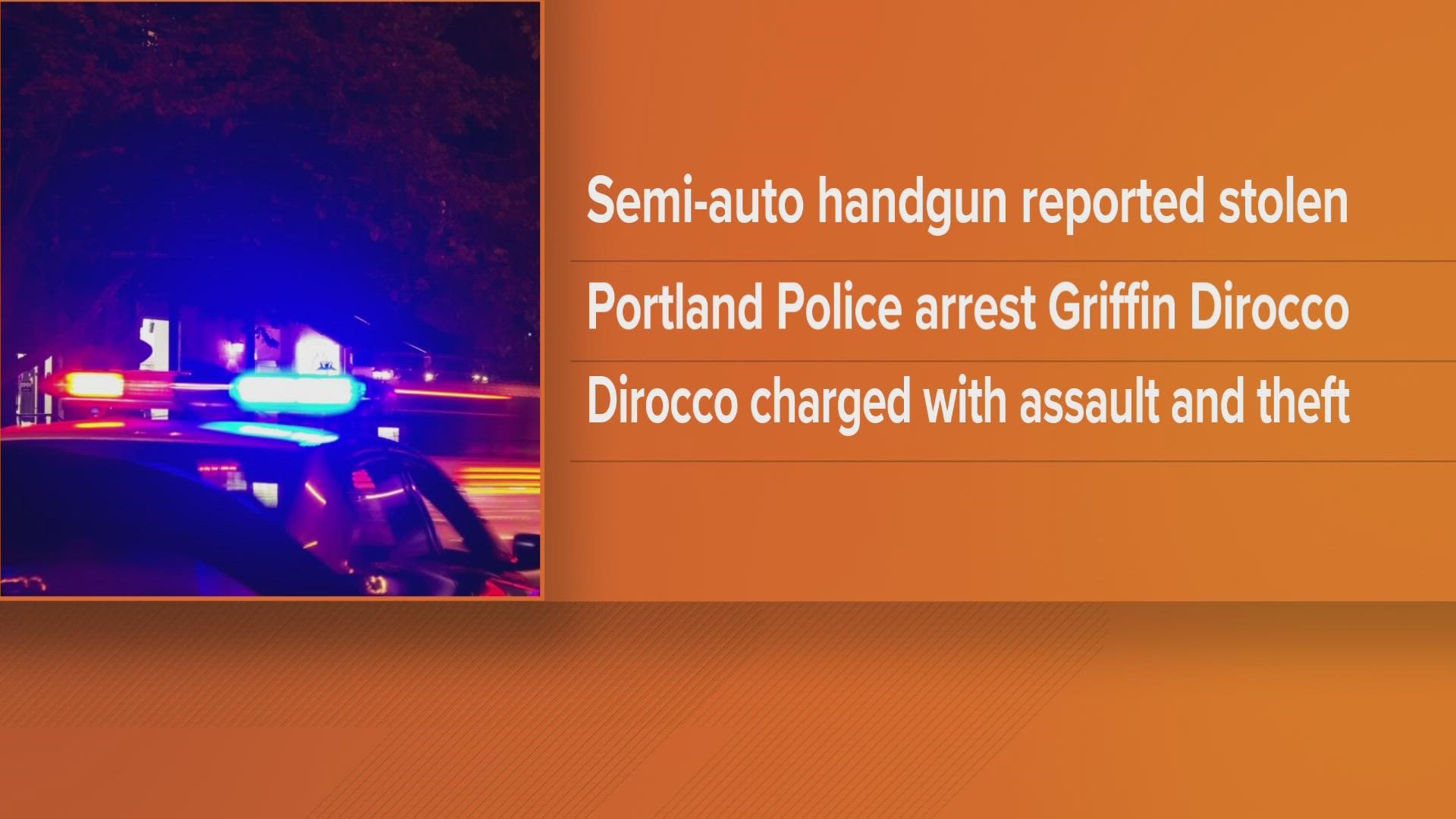 Portland police officers arrested Griffin Dirocco early Sunday after allegedly threatening staff members at Rick's Cabaret with a stolen semi-automatic handgun.