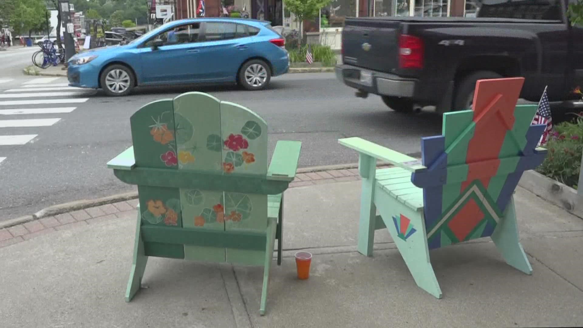 Fifteen uniquely painted Adirondack chairs can be found scattered across downtown Belfast.