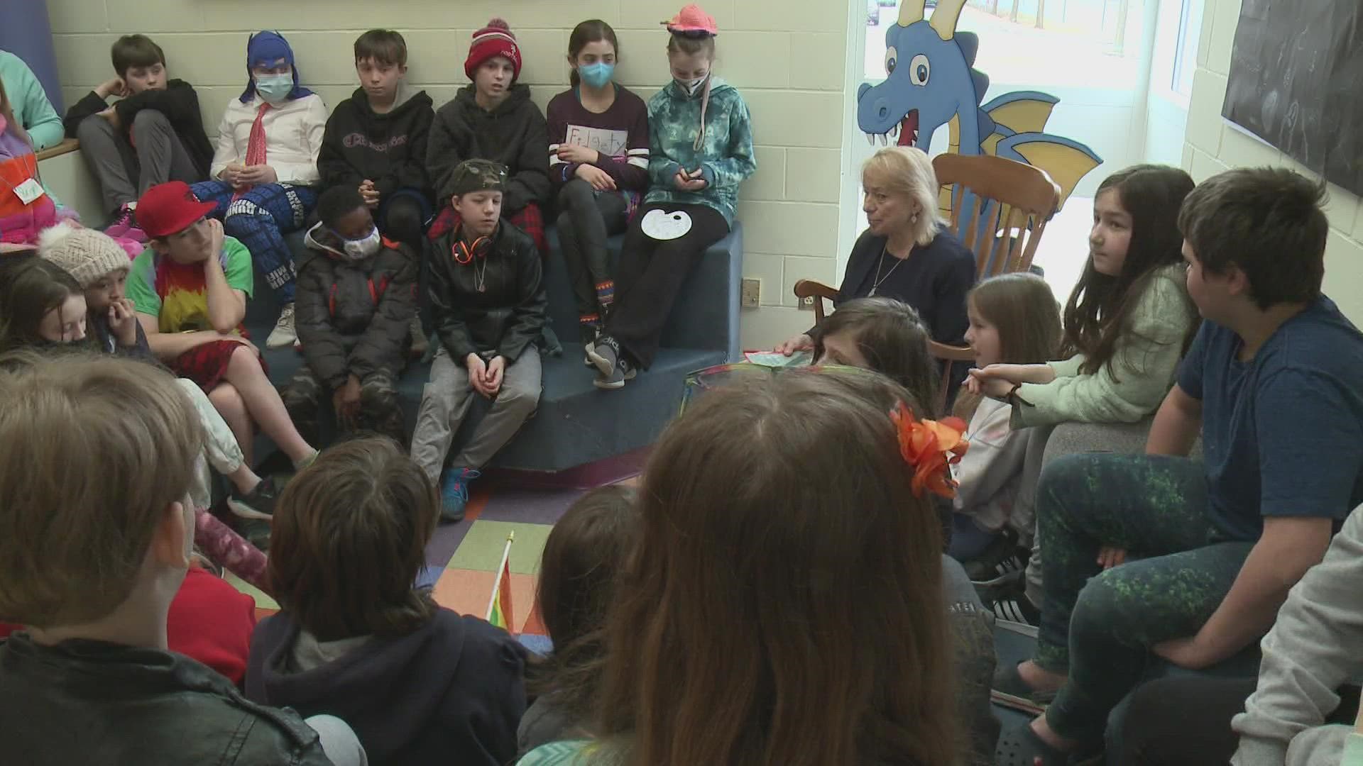 Maine Gov. Janet Mills read to a group of fifth-graders at Dyer Elementary School in South Portland on Wednesday.