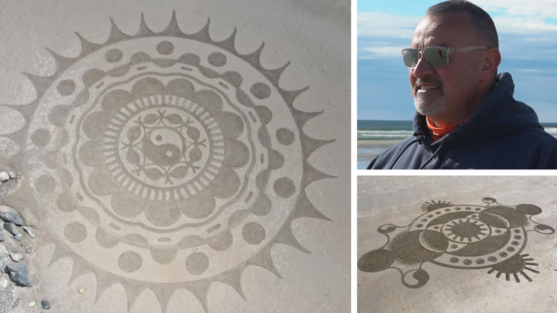 Hampton Beach NH artist creates huge sand paintings that wash away