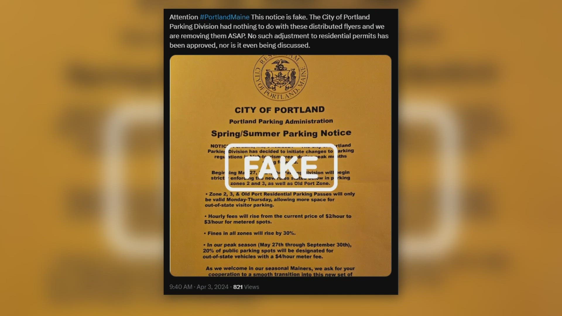 Hoax flyers were distributed throughout the city detailing new parking restrictions and price increases for spring and summer due to "increased tourism."
