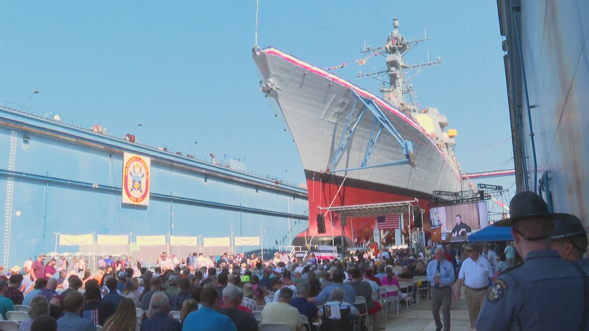 Col. Harvey Barnum was on hand to christen the Navy’s latest destroyer that will carry his name.