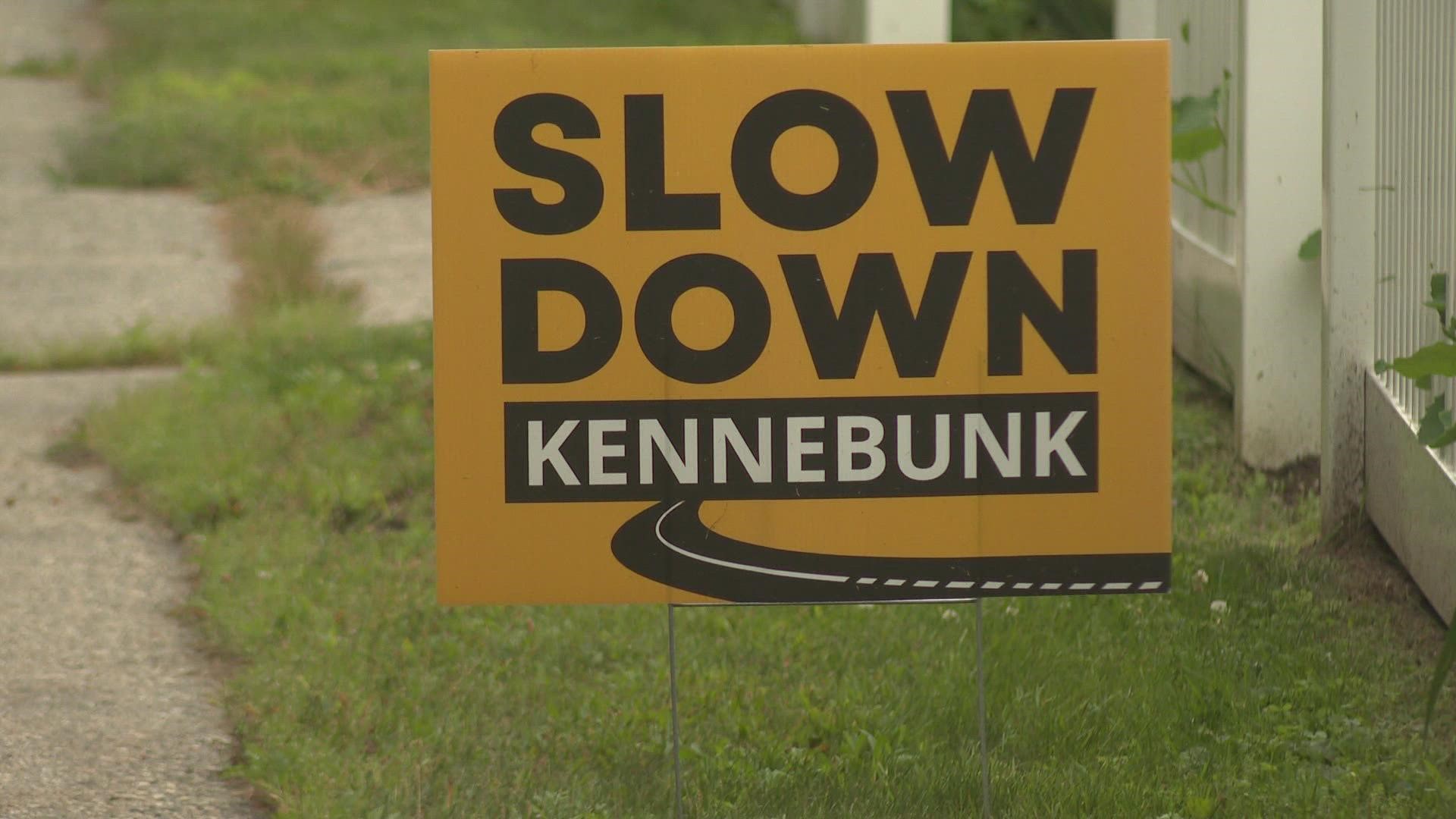 Residents can pick up a 'Slow Down Kennebunk' yard sign at the Kennebunk police station and town office.
