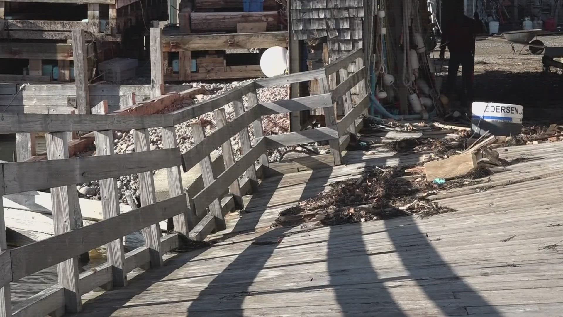 The town's pier, as well as a historic boatyard, saw significant damage during Saturday's storm.