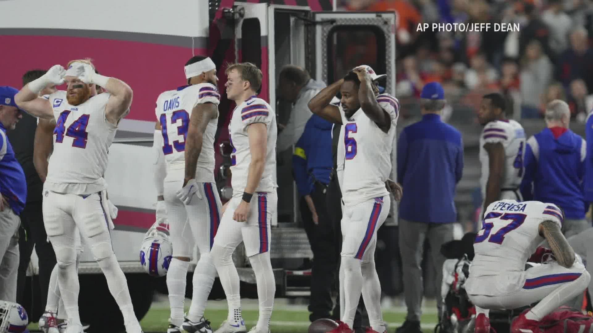Buffalo Bills safety Damar Hamlin collided with a Bengals receiver, got to his feet and then fell backward a second or two later and lay motionless.