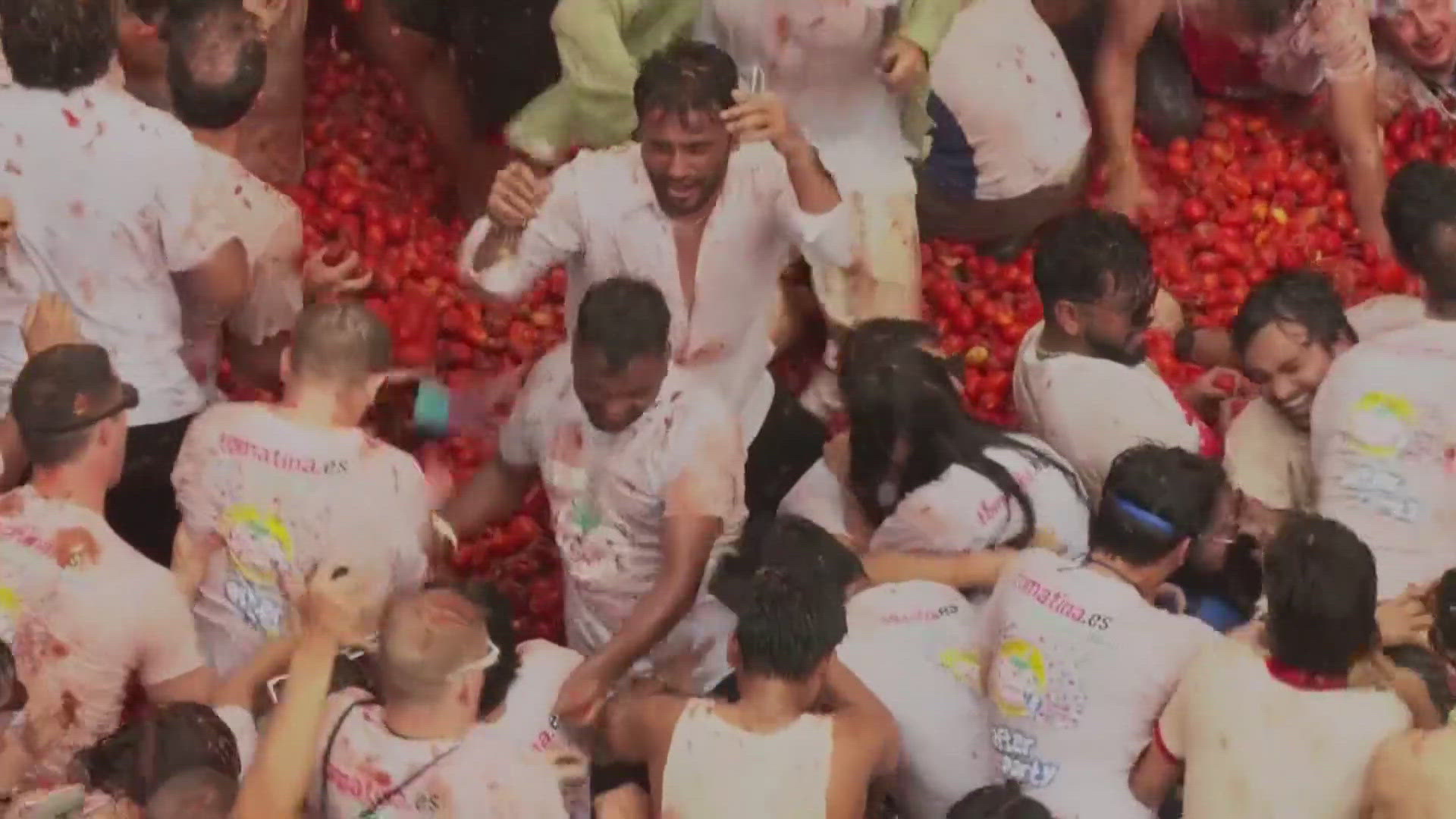 Roughly 120 tons of ripe, juicy tomatoes were trucked into Bunol, Spain, for the messy festival this year.