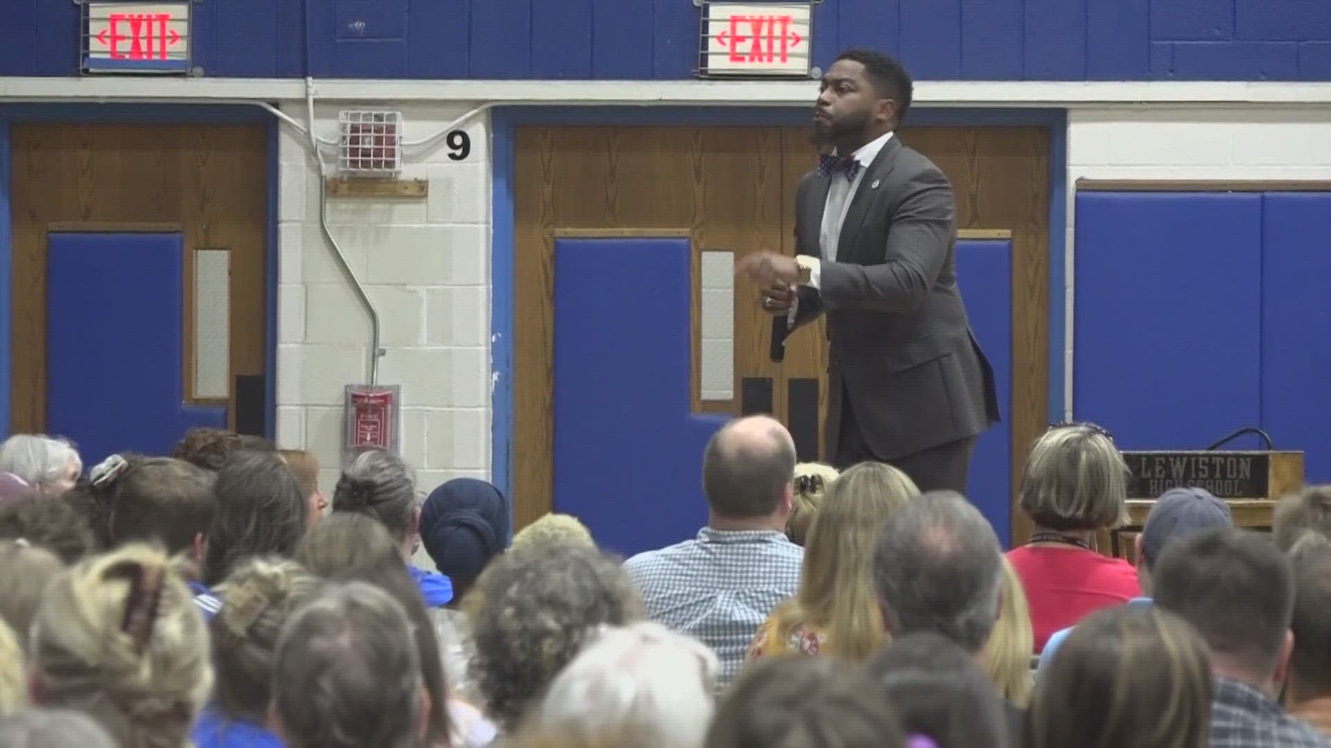 Brandon Fleming gave an inspirational speech at Lewiston High School to ensure teachers are building connections with students first and then focusing on content.