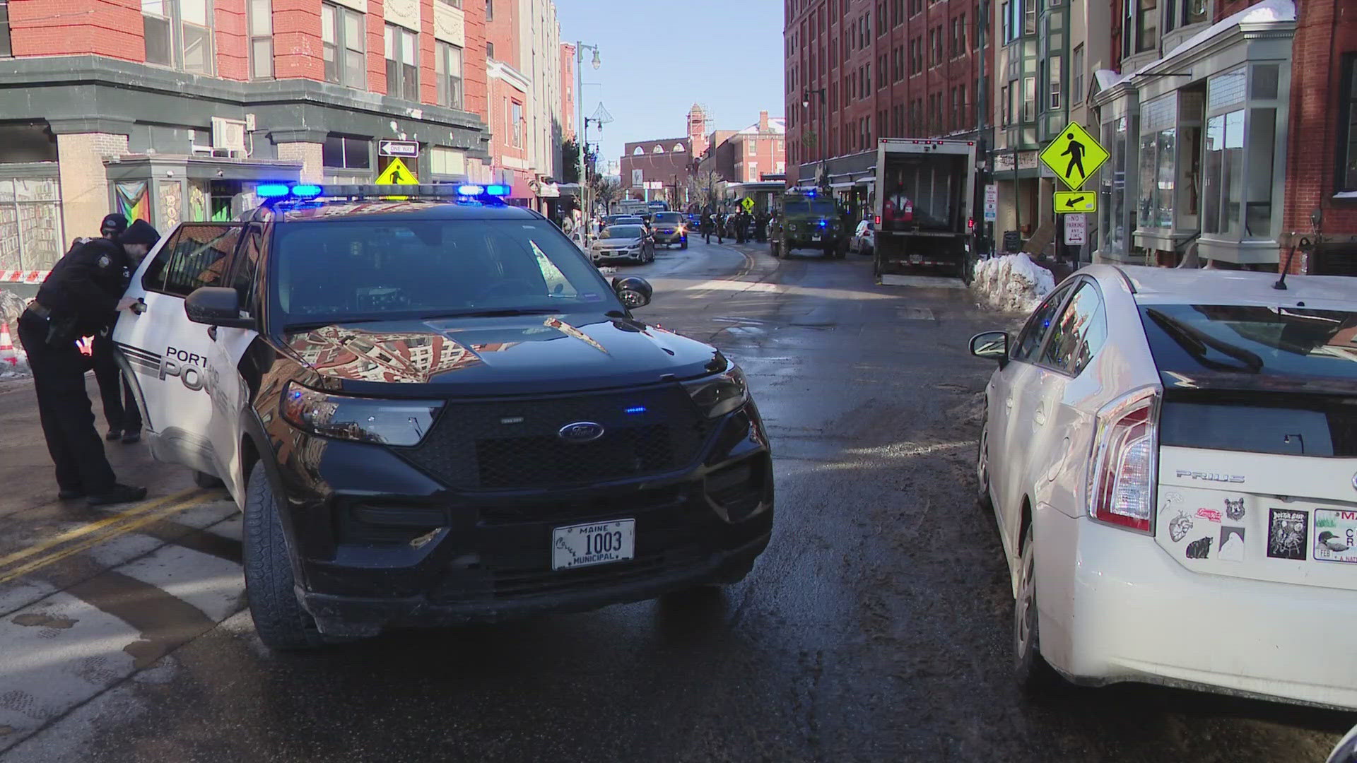 Law enforcement officers from multiple agencies shut down part of Congress Street between High Street and Longfellow Square on Tuesday afternoon. 