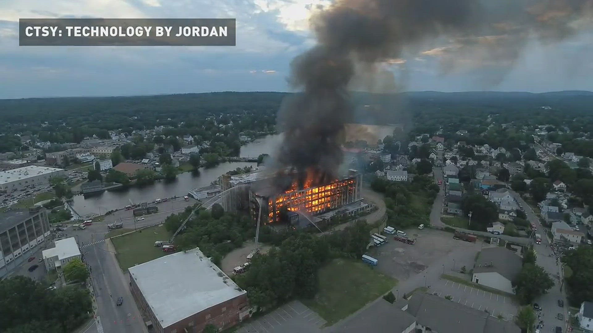 Drone footage of Sanford mill fire (Technology by Jordan)