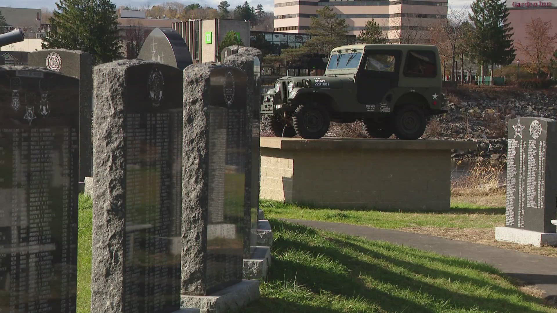 The memorial name stone honors several local veterans who served in WWI, WWII, the Civil War, and more.