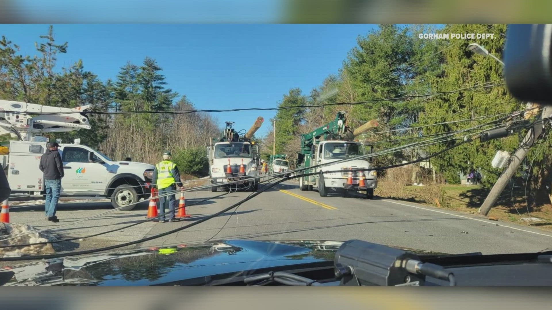 Police said line crews would be working diligently to reopen the road but it likely would not reopen until at least dinner time due to downed phone and power lines.