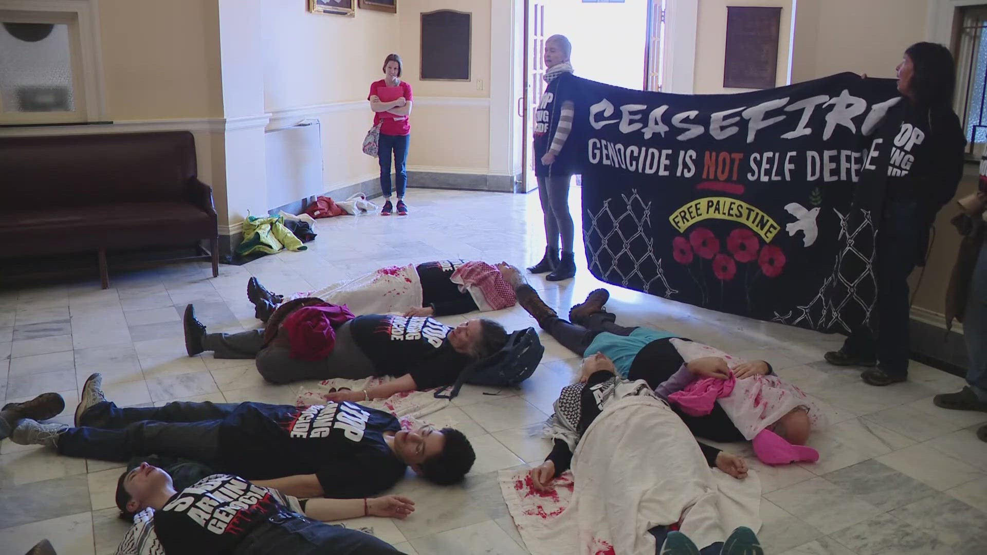 Nearly a dozen people laid on the floor calling for a cease-fire.