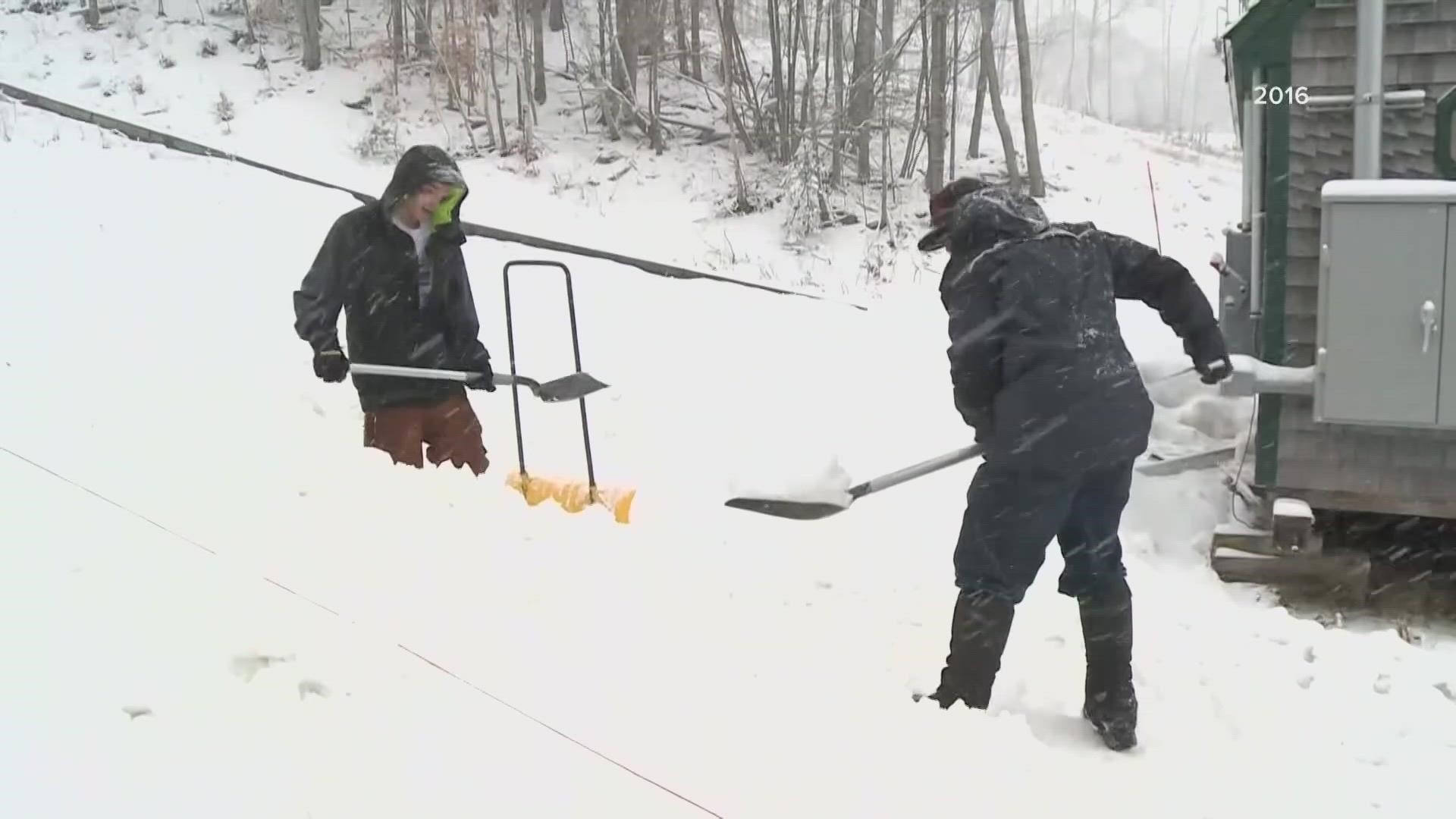 The toboggan competition takes place each year at the Camden Snow Bowl. This year, organizers had to re-engineer the chute that spills out on Hosmer Pond.