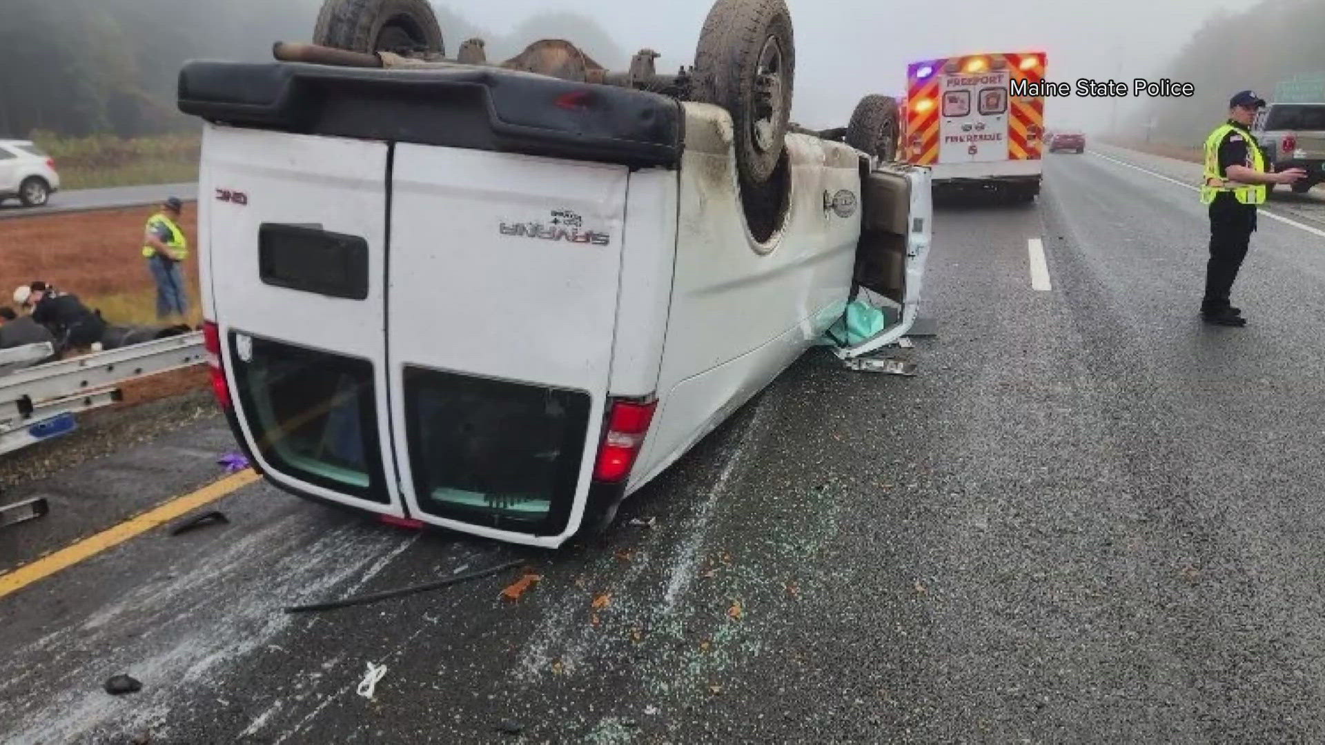 A van carrying construction equipment rolled over early Friday morning, shutting down one northbound lane for nearly two hours, police say.