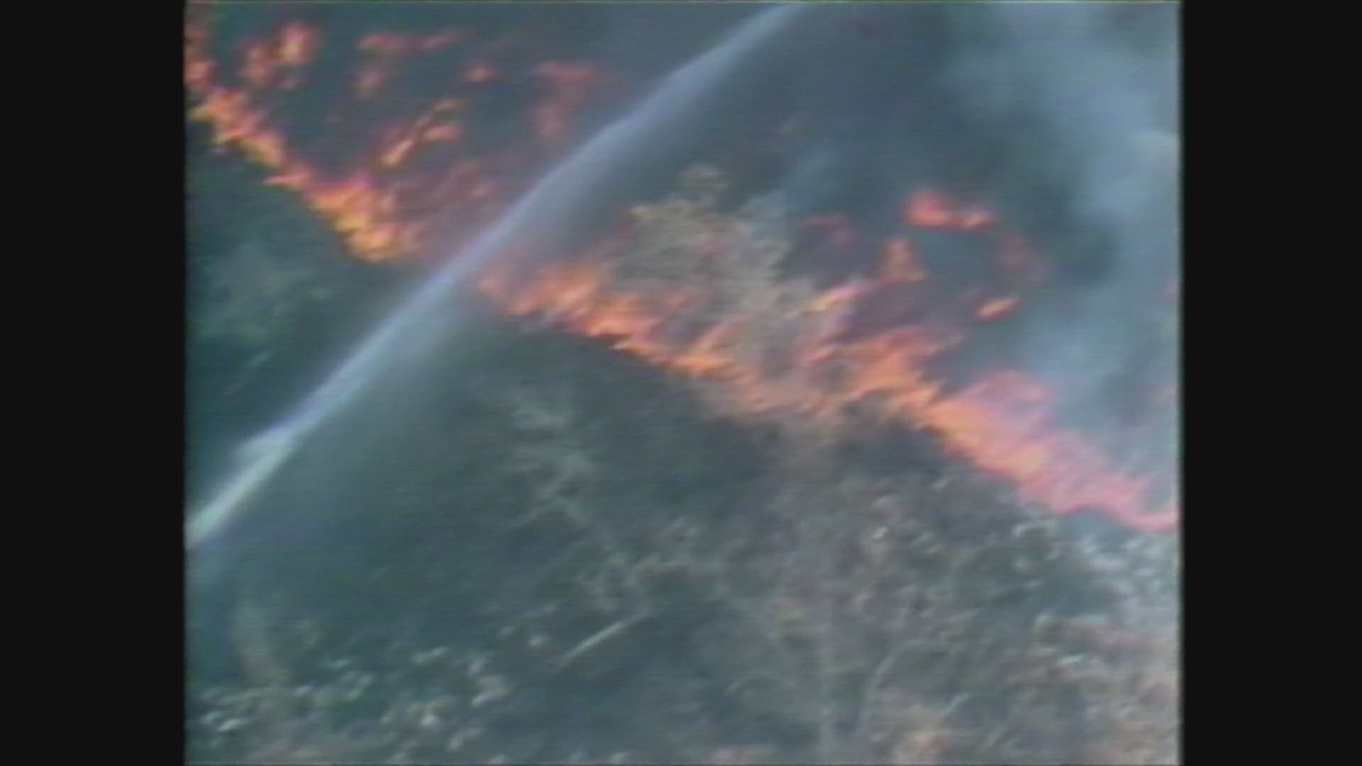 A pile of 7 million discarded tires caught fire, which created a plume of toxic smoke 300 feet high and 50 miles long. It burned for nine months.