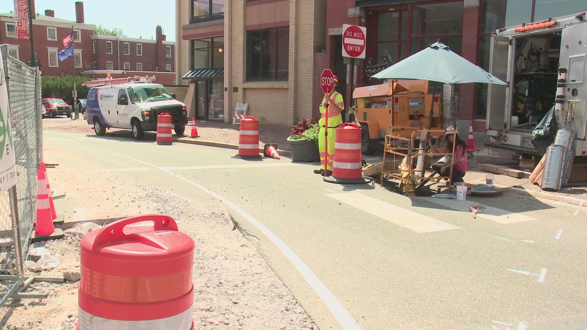 Portland Public Works said it can't provide a date for Free Street's reopening as Consolidated Communications completes its repairs, closing off High Street.