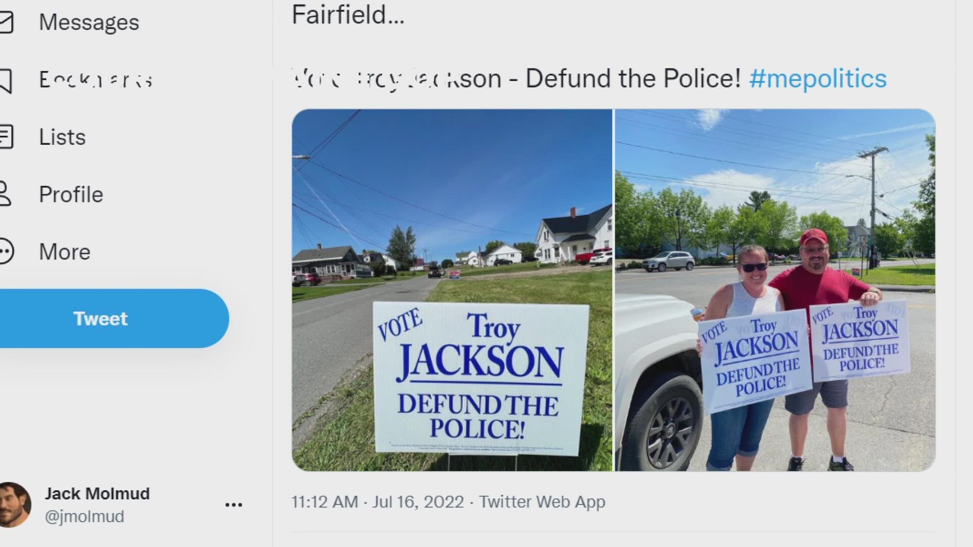 The ads say 'Vote Troy Jackson, Defund the Police," but Senate President Jackson says his political philosophy is the opposite.