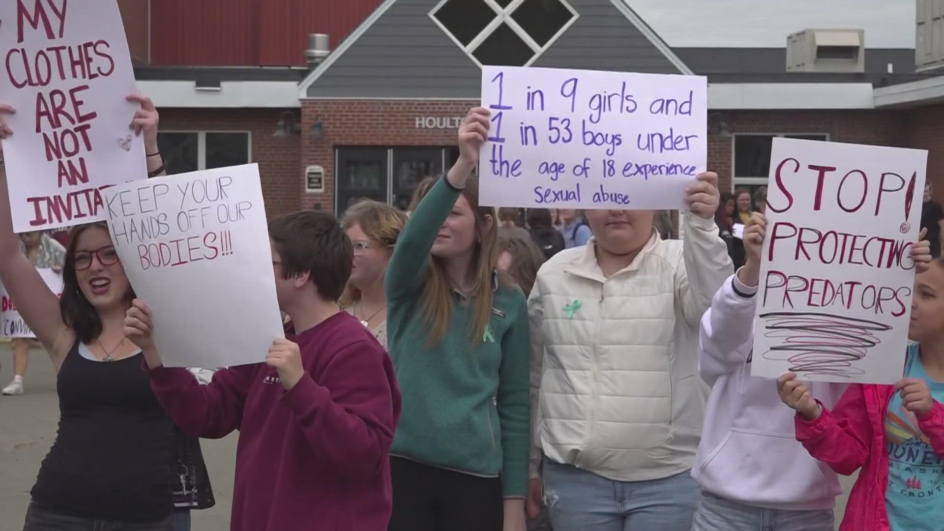 Pictures posted on social media sites of girls who all go to the same middle and high schools prompted students in Houlton to walk out in protest.