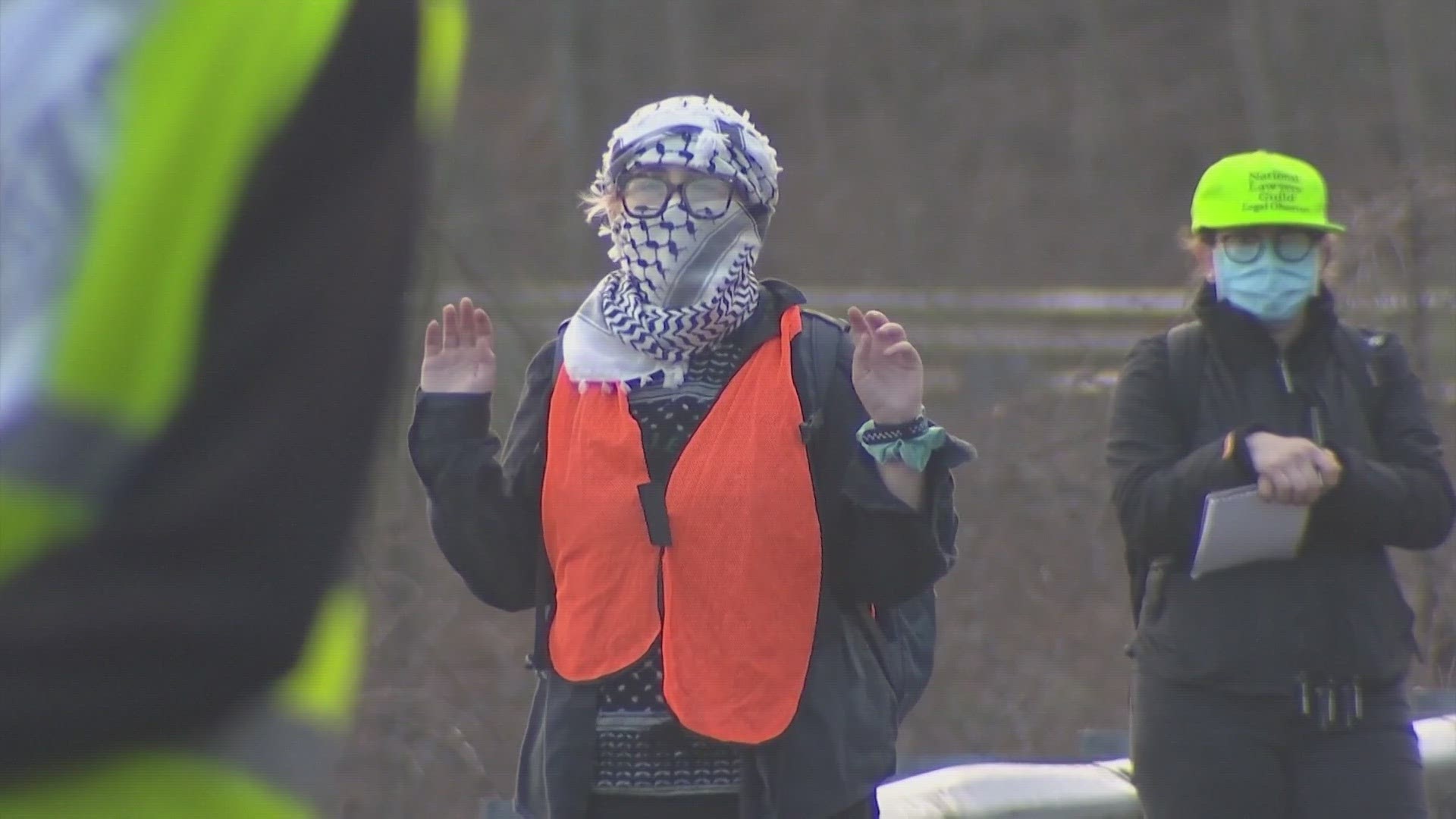 Police in Connecticut arrested 10 people accused of their role in shutting down the road outside a contractor that signed a deal with Israel.