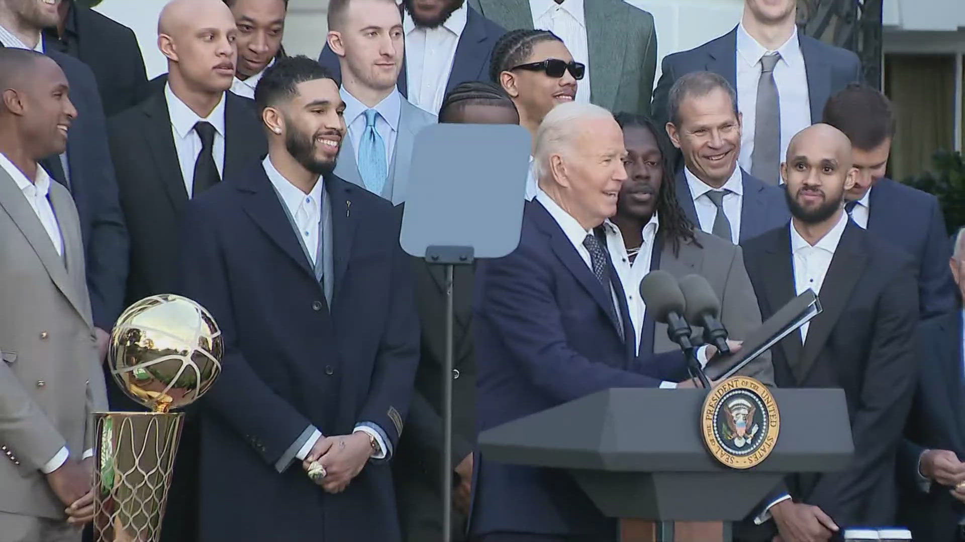 President Joe Biden welcomed the NBA champions at the mansion's south lawn to congratulate them on their win over the Dallas Mavericks back in June.