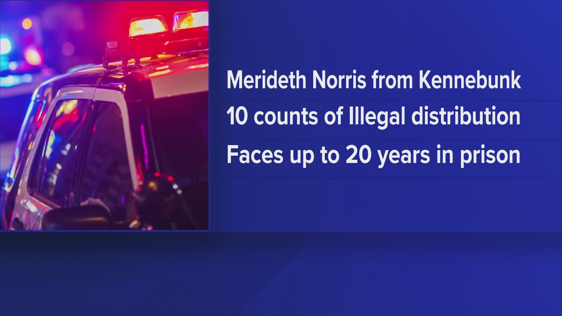 Dr. Merideth C. Norris, 52, of Kennebunk, was charged with 10 counts and faces up to 20 years in prison.