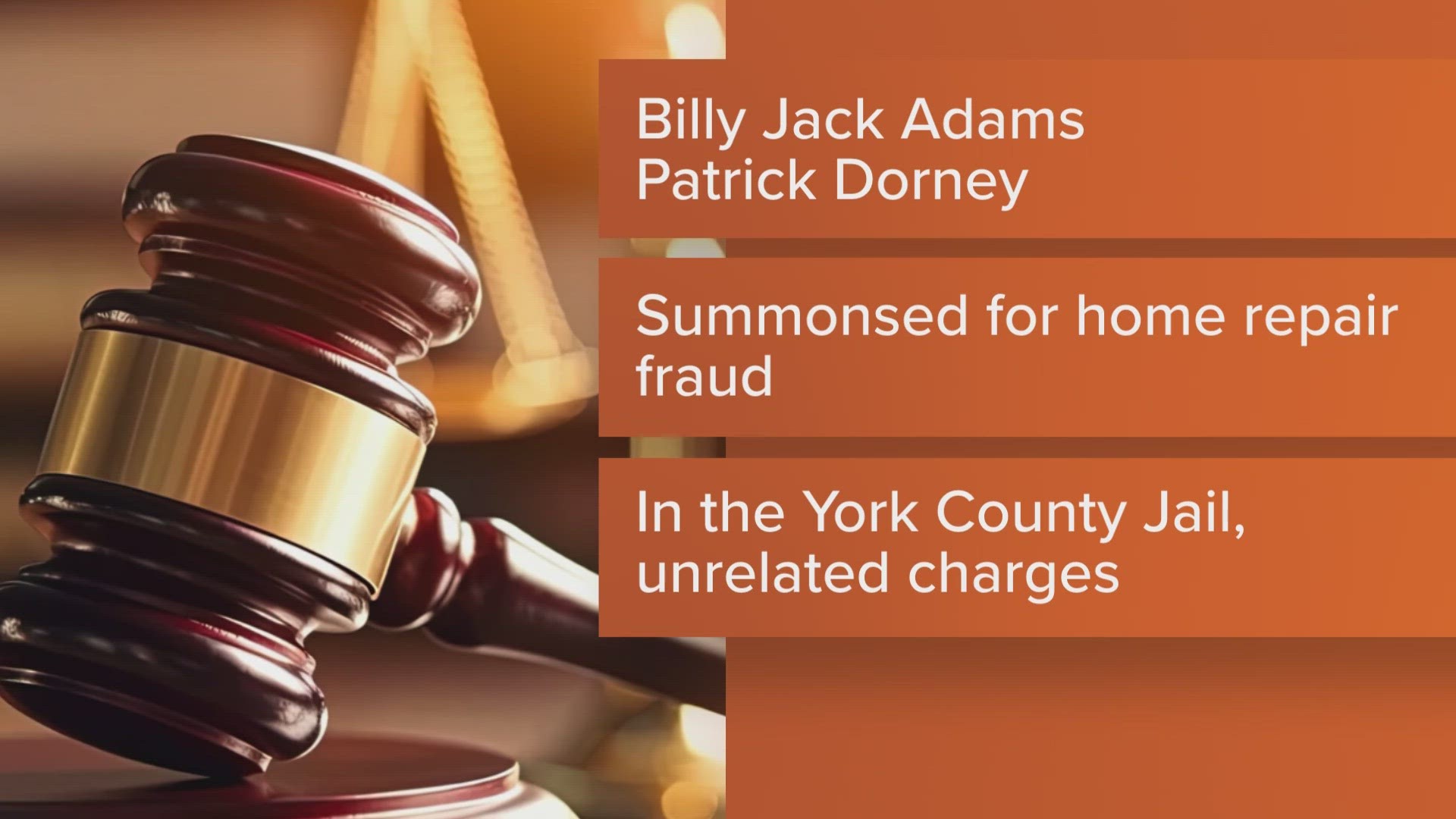 Billy Jack Adams and Patrick Dorney are in the York County Jail. They're facing charges for home repair fraud.